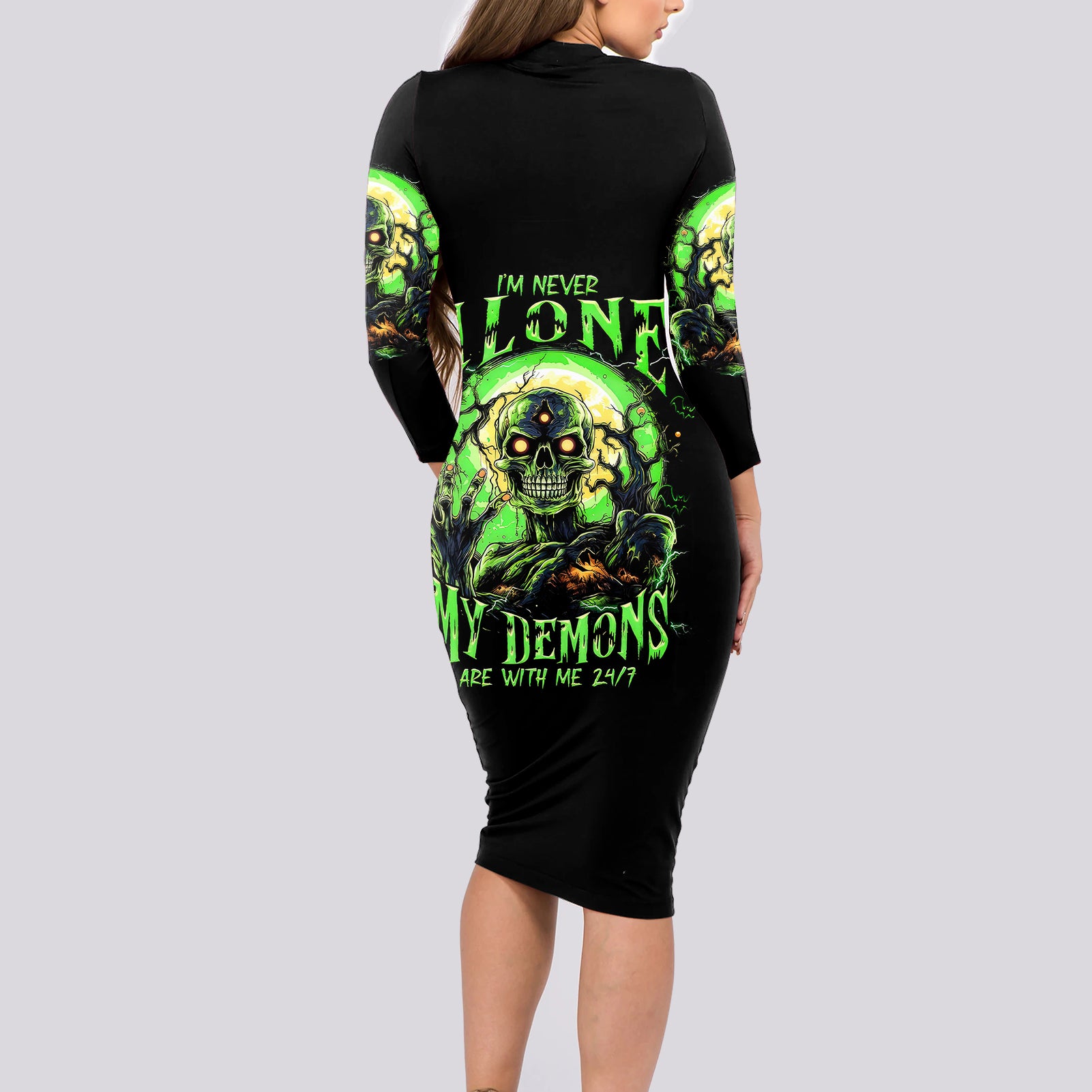 zombie-skull-long-sleeve-bodycon-dress-i-never-alone-my-demon-with-me-247