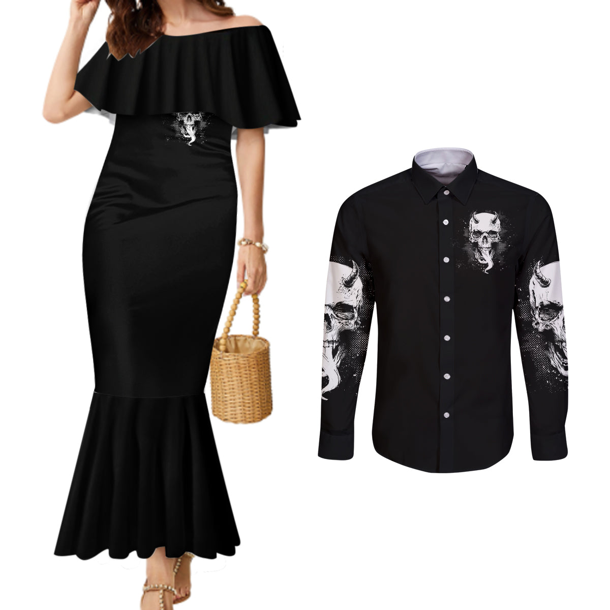 devil-skull-couples-matching-mermaid-dress-and-long-sleeve-button-shirts-its-not-how-crazy-iam-but-enjoy-it-make-me-dangerous