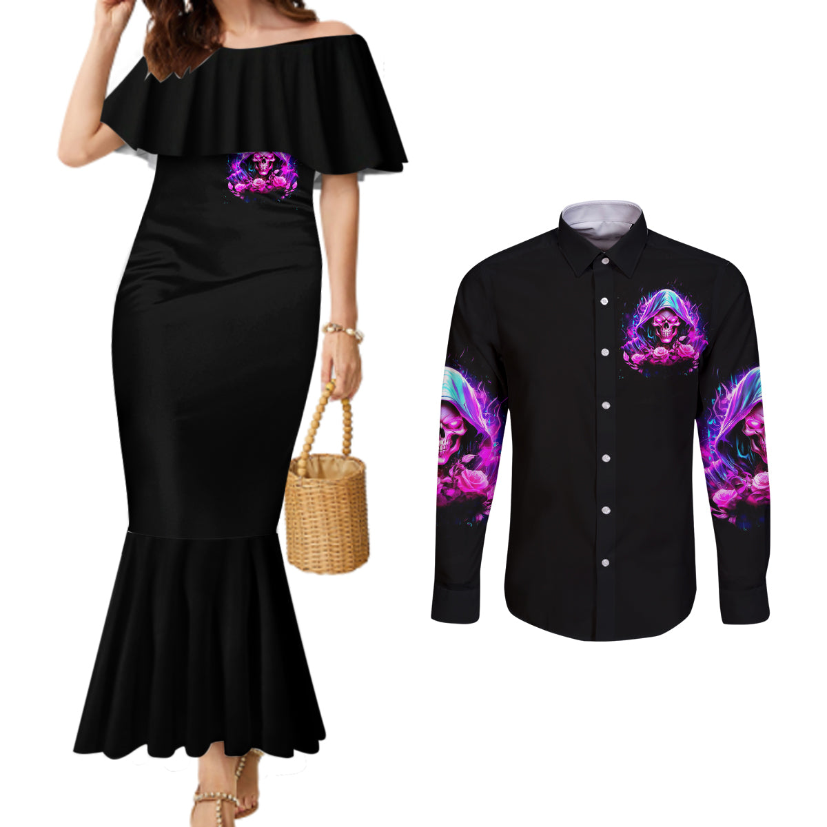 fire-skull-couples-matching-mermaid-dress-and-long-sleeve-button-shirts-judge-me-when-youre-perfect-otherwise-shut-up