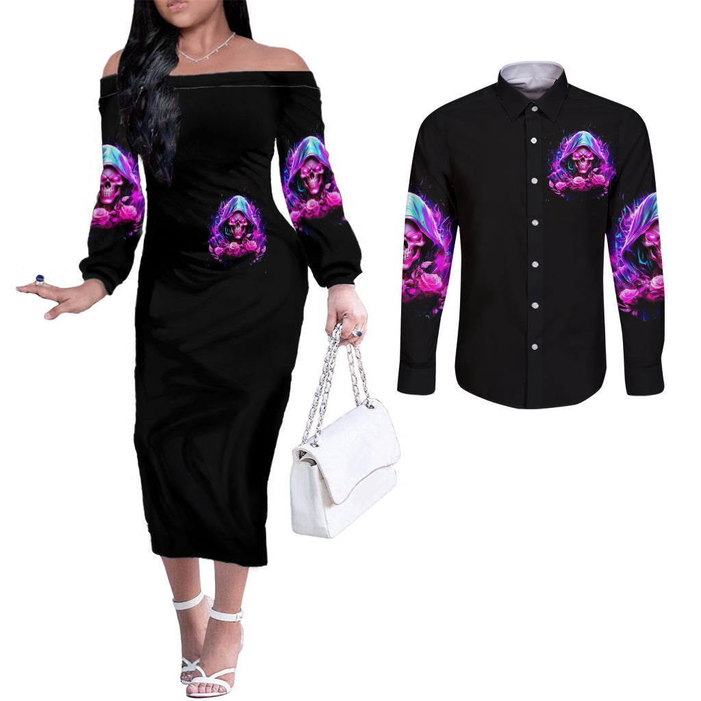 fire-skull-couples-matching-off-the-shoulder-long-sleeve-dress-and-long-sleeve-button-shirts-judge-me-when-youre-perfect-otherwise-shut-up