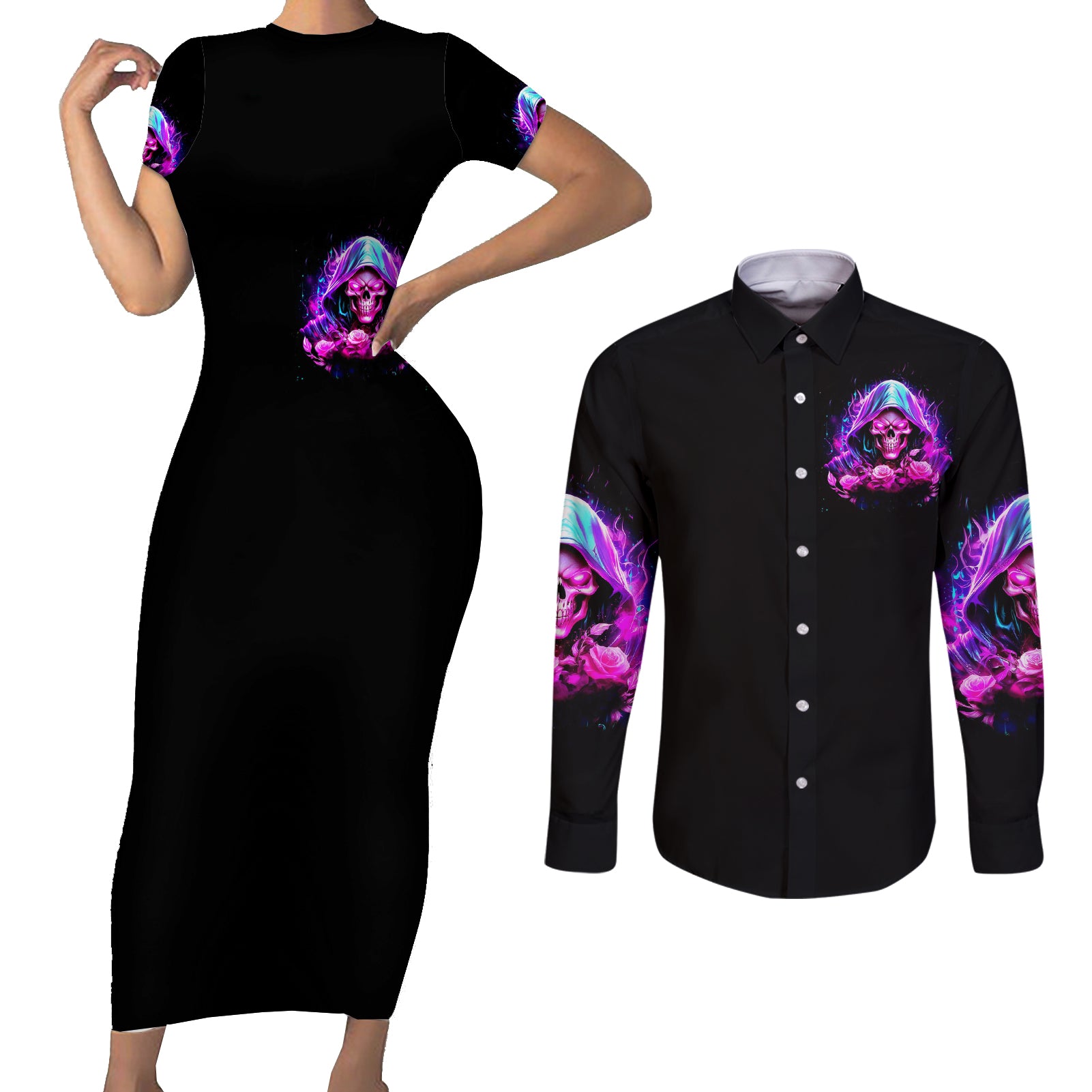 fire-skull-couples-matching-short-sleeve-bodycon-dress-and-long-sleeve-button-shirts-judge-me-when-youre-perfect-otherwise-shut-up