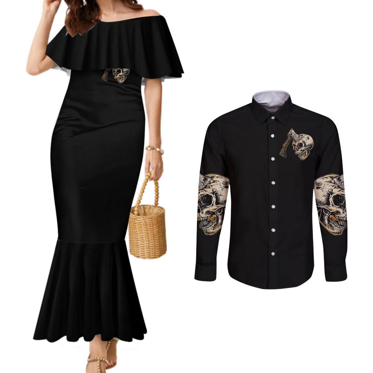 axe-skull-couples-matching-mermaid-dress-and-long-sleeve-button-shirts-lets-bury-the-hatchet