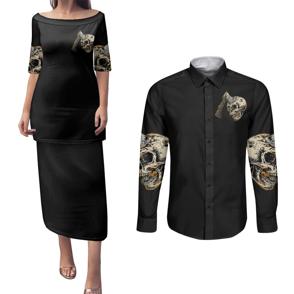 axe-skull-couples-matching-puletasi-dress-and-long-sleeve-button-shirts-lets-bury-the-hatchet