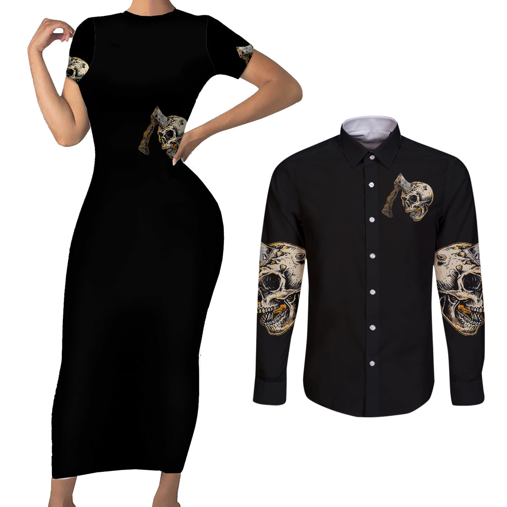 axe-skull-couples-matching-short-sleeve-bodycon-dress-and-long-sleeve-button-shirts-lets-bury-the-hatchet