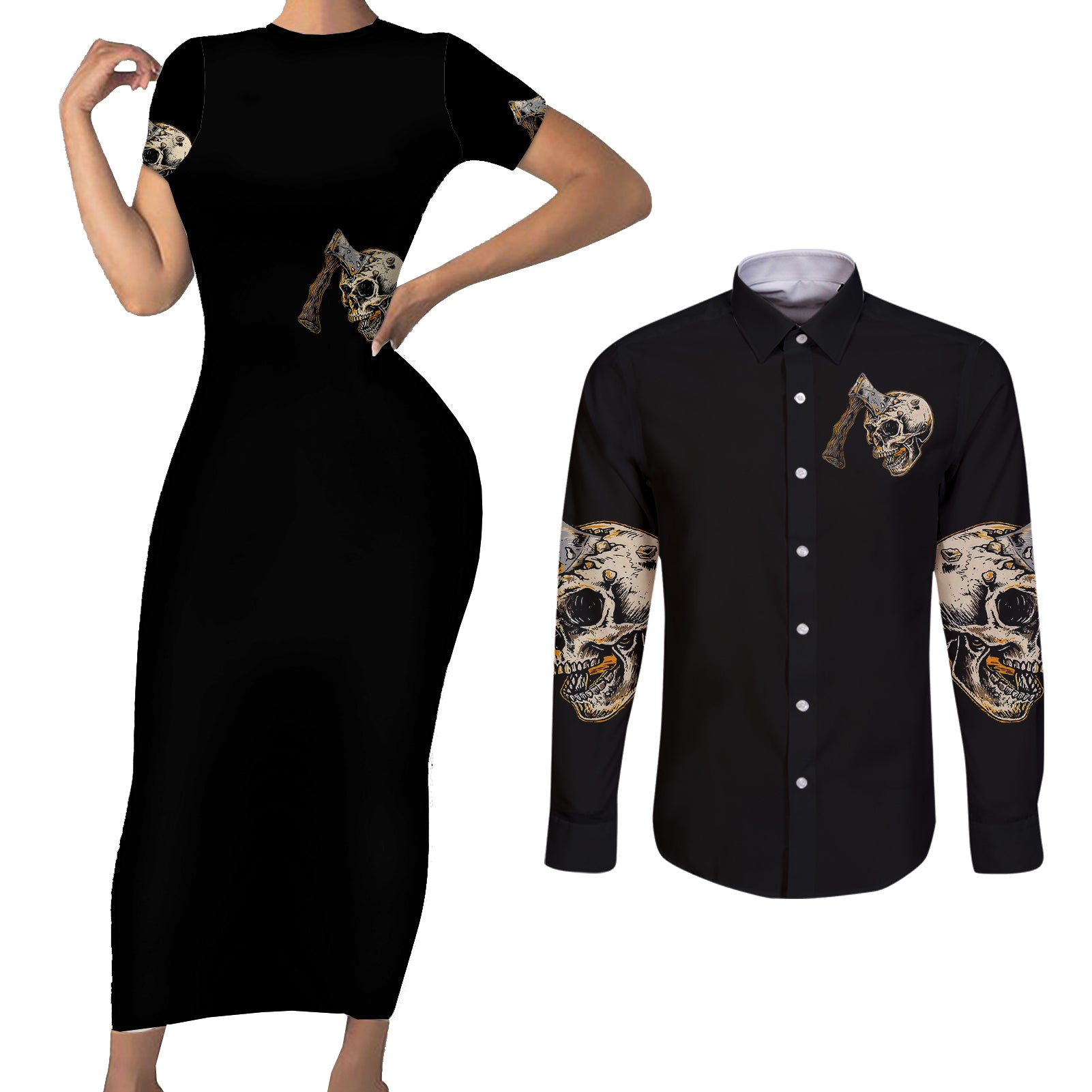 axe-skull-couples-matching-short-sleeve-bodycon-dress-and-long-sleeve-button-shirts-lets-bury-the-hatchet