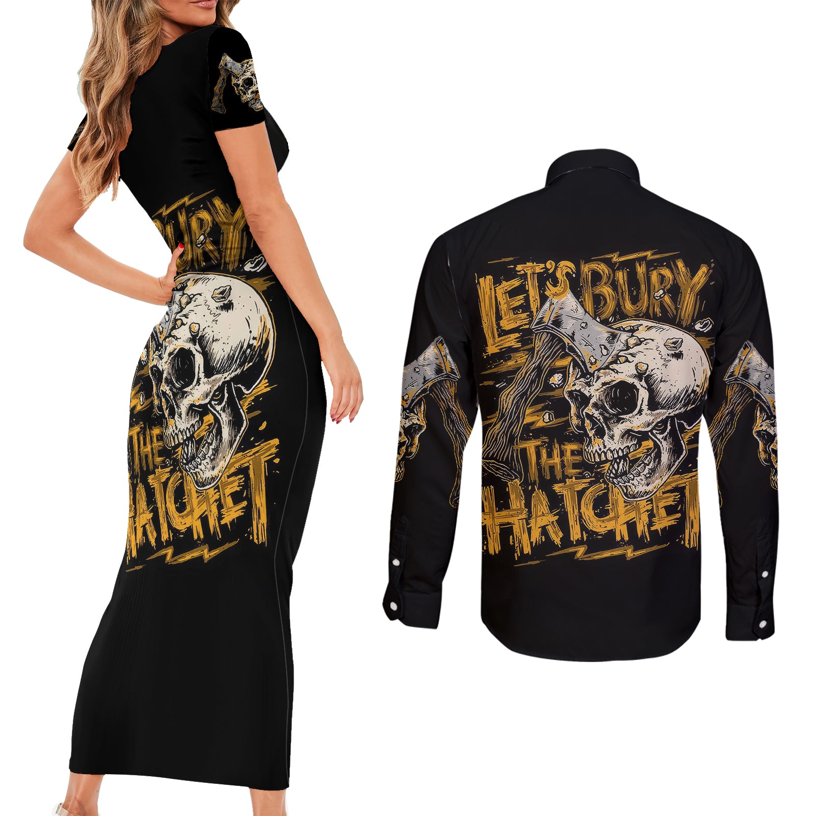 axe-skull-couples-matching-short-sleeve-bodycon-dress-and-long-sleeve-button-shirts-lets-bury-the-hatchet