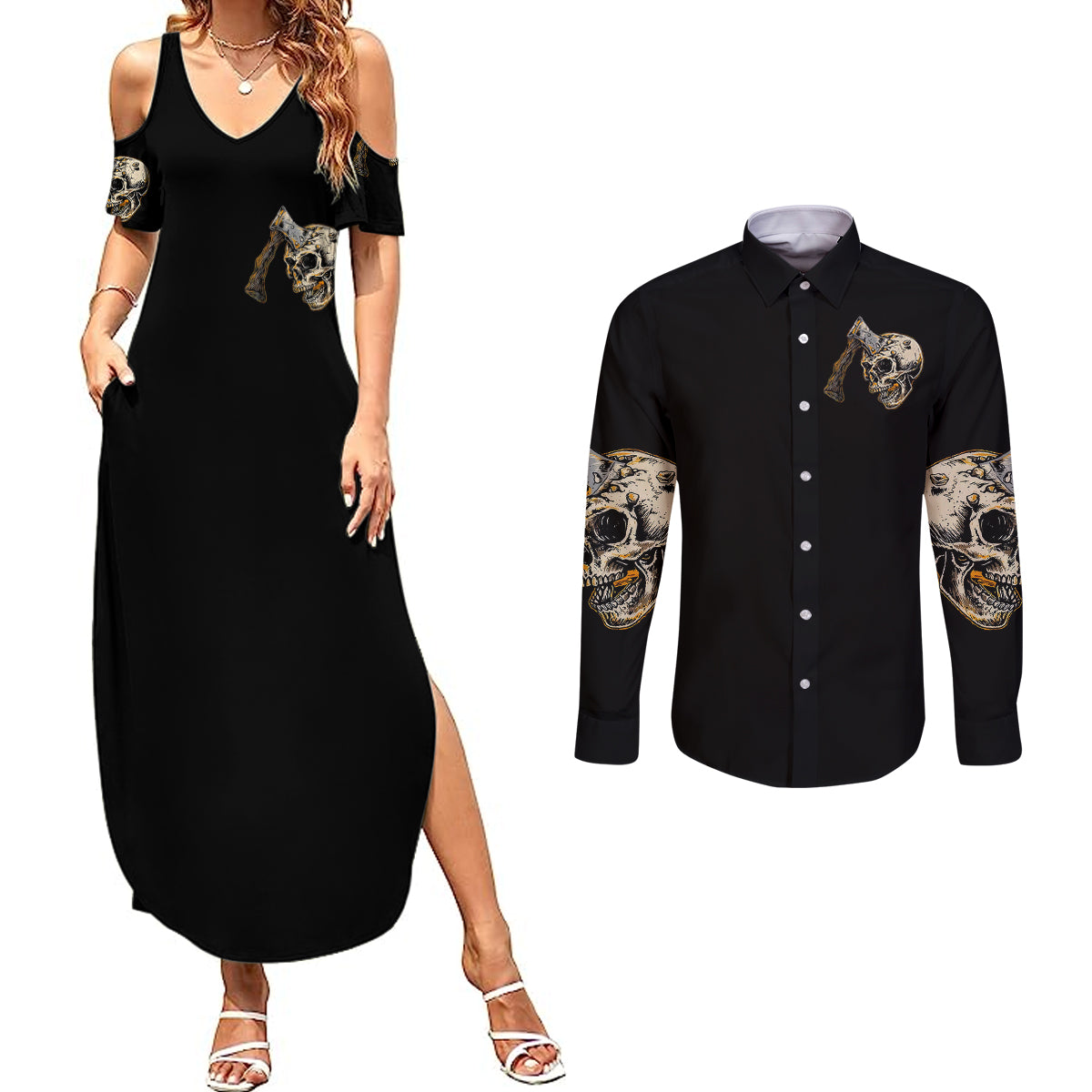 axe-skull-couples-matching-summer-maxi-dress-and-long-sleeve-button-shirts-lets-bury-the-hatchet