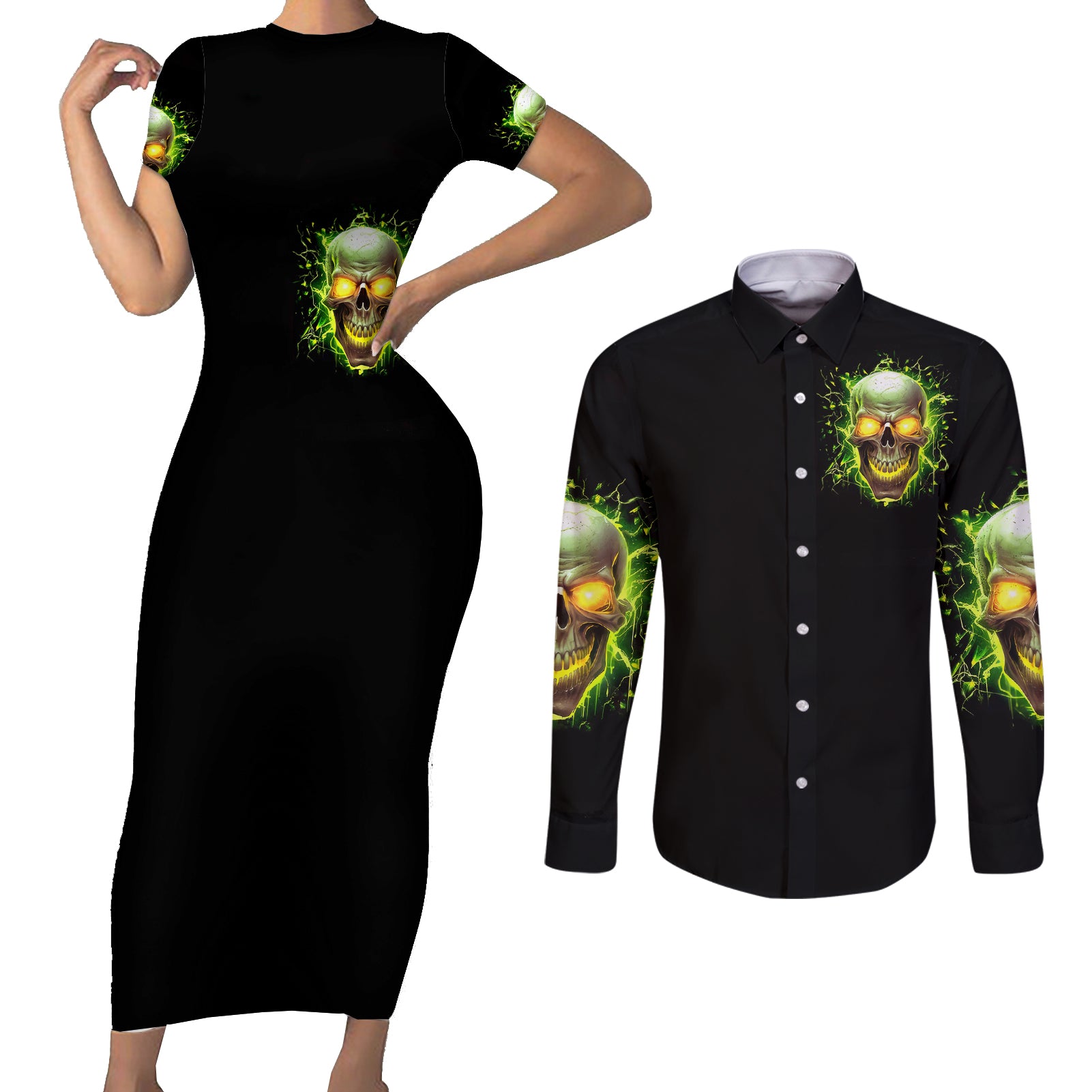thunder-skull-couples-matching-short-sleeve-bodycon-dress-and-long-sleeve-button-shirts-my-demon-hide-inside-my-head