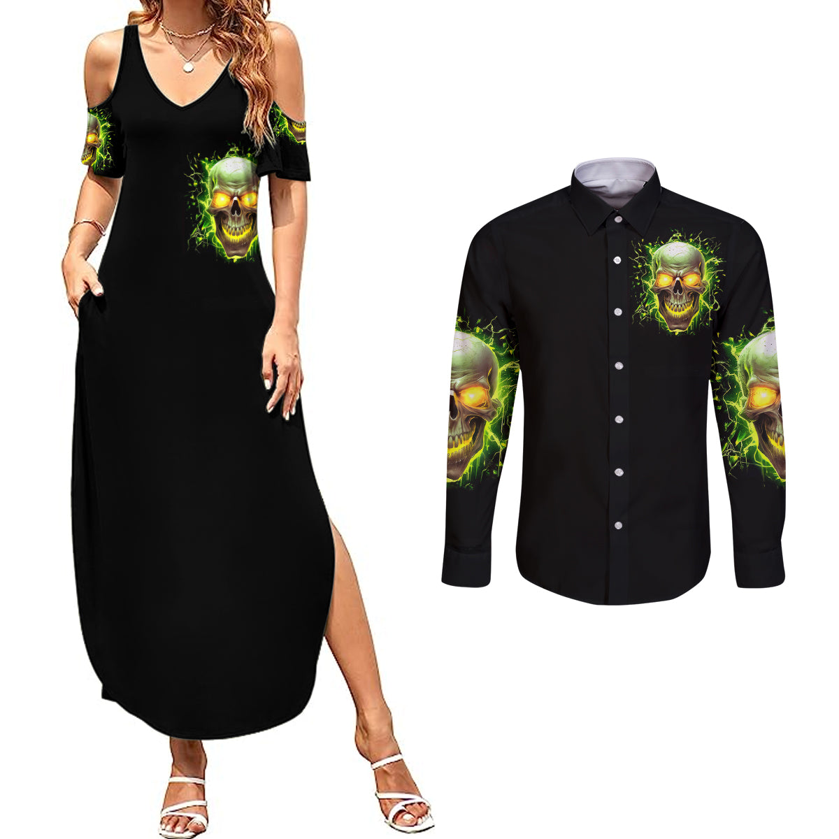 thunder-skull-couples-matching-summer-maxi-dress-and-long-sleeve-button-shirts-my-demon-hide-inside-my-head