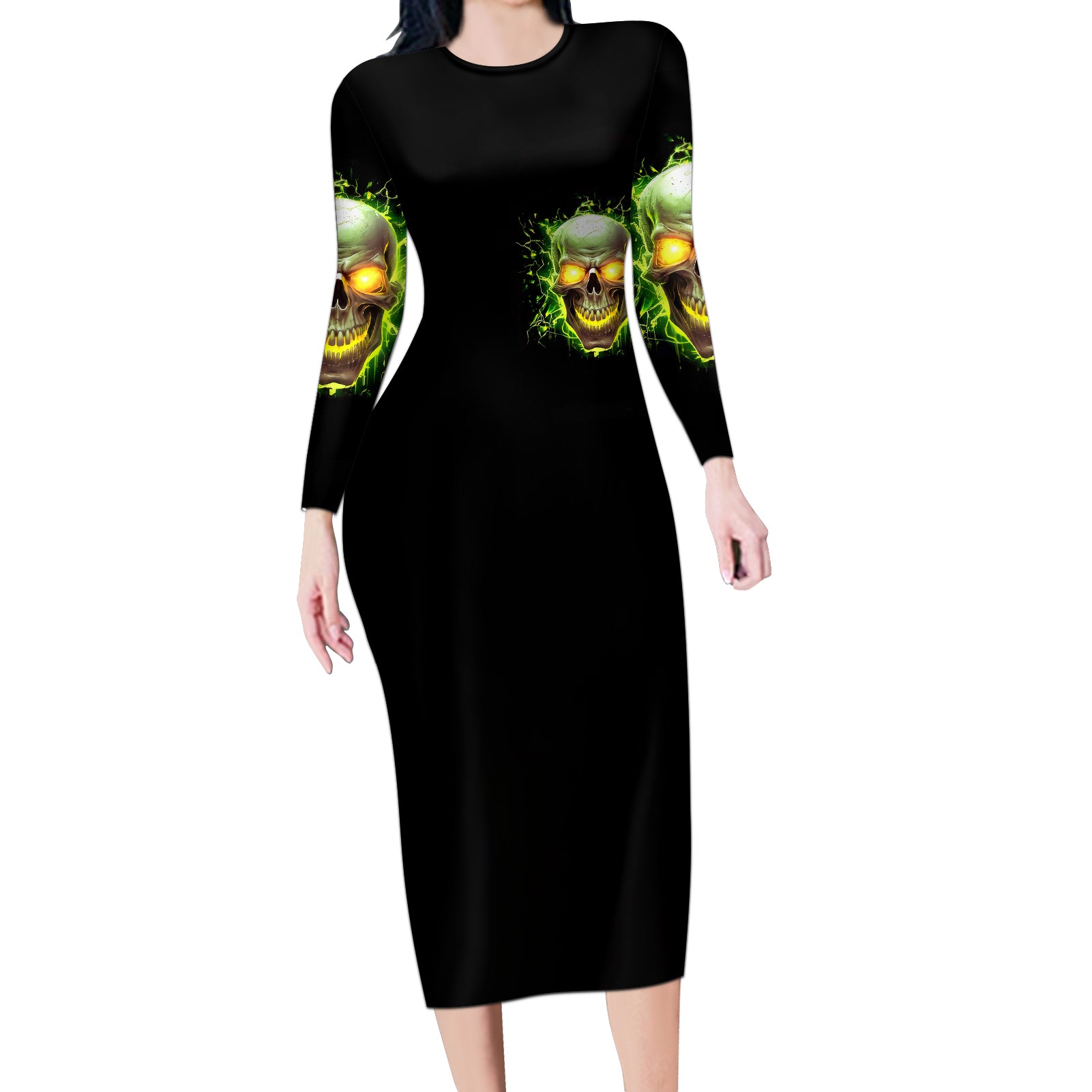 thunder-skull-long-sleeve-bodycon-dress-my-demon-hide-inside-my-head