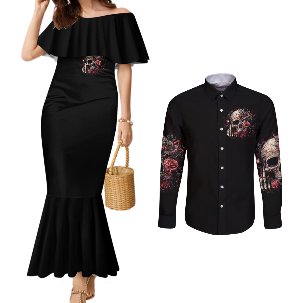 rose-skull-couples-matching-mermaid-dress-and-long-sleeve-button-shirts-my-give-a-fuck-is-broken-but-my-go-fuck-yourself-is-functional
