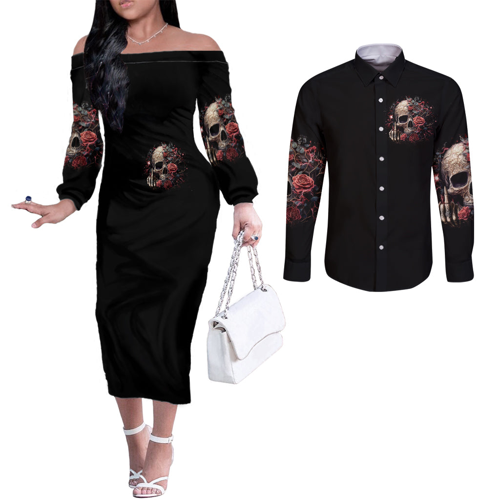 rose-skull-couples-matching-off-the-shoulder-long-sleeve-dress-and-long-sleeve-button-shirts-my-give-a-fuck-is-broken-but-my-go-fuck-yourself-is-functional