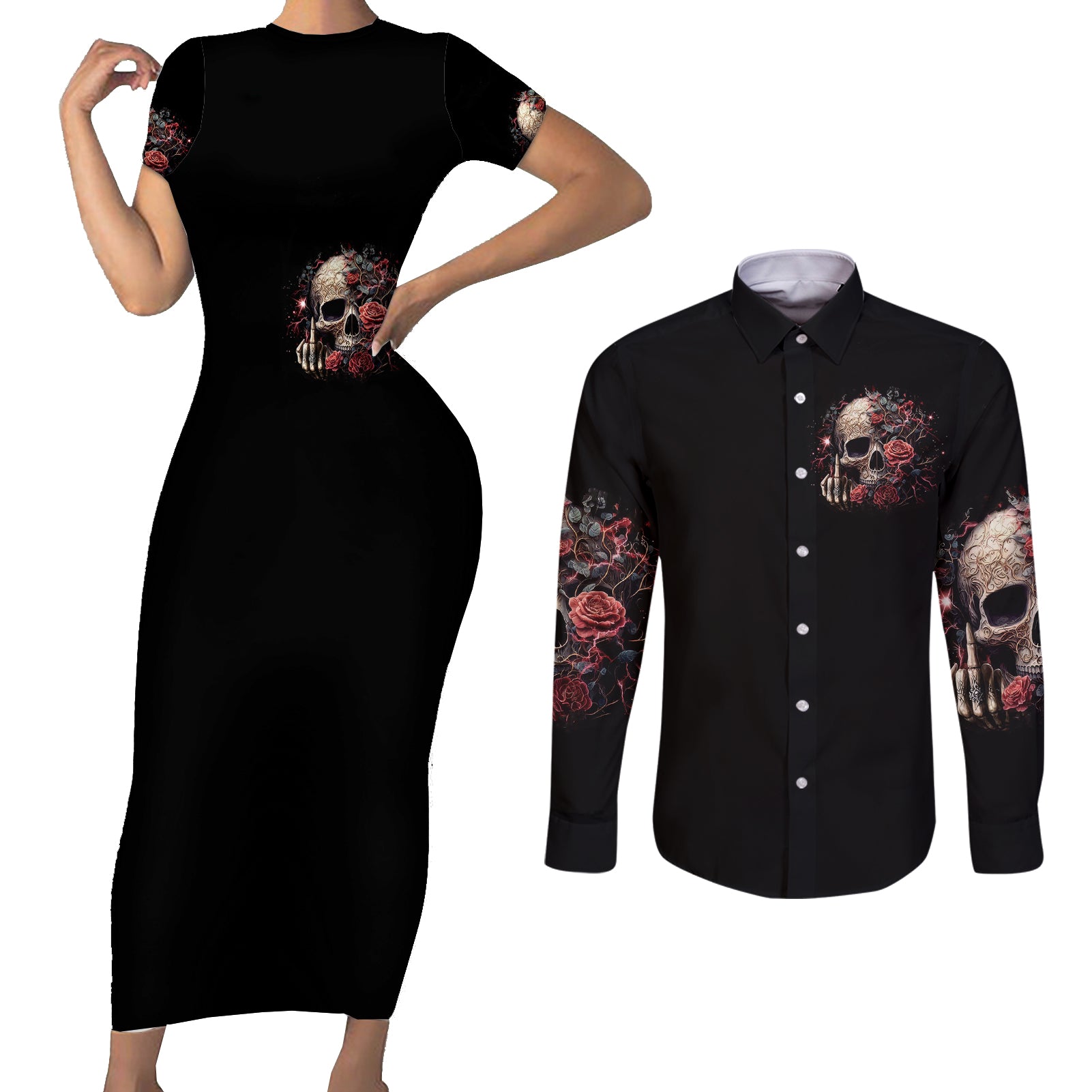 rose-skull-couples-matching-short-sleeve-bodycon-dress-and-long-sleeve-button-shirts-my-give-a-fuck-is-broken-but-my-go-fuck-yourself-is-functional