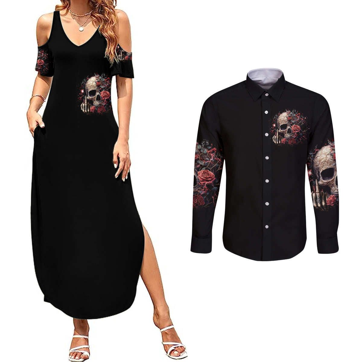 rose-skull-couples-matching-summer-maxi-dress-and-long-sleeve-button-shirts-my-give-a-fuck-is-broken-but-my-go-fuck-yourself-is-functional