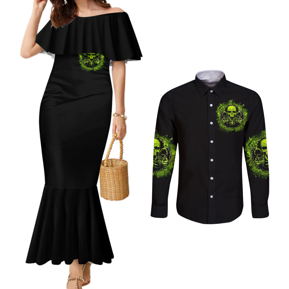 gun-skull-couples-matching-mermaid-dress-and-long-sleeve-button-shirts-when-you-come-for-my-gun-expect-an-appropriate-response