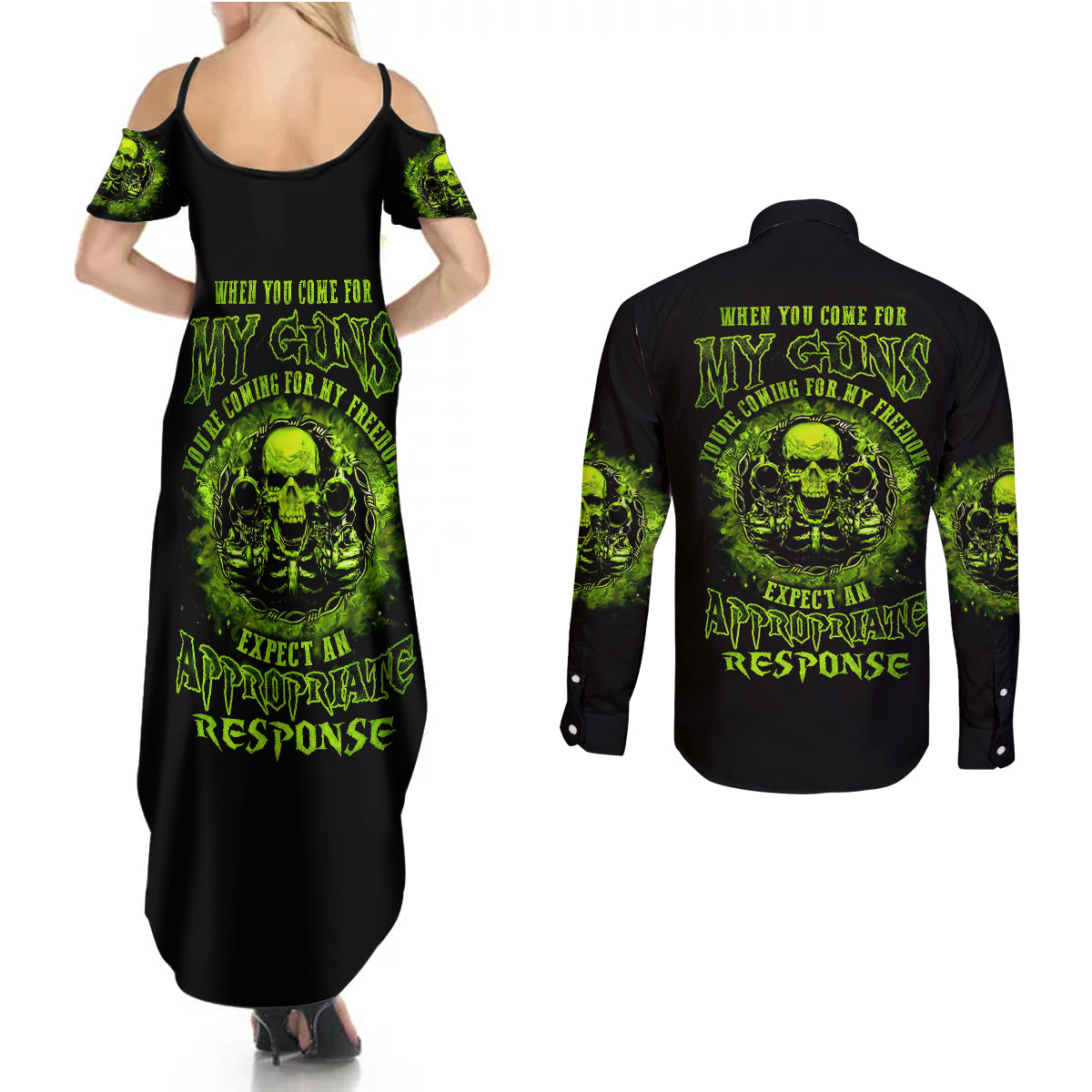 gun-skull-couples-matching-summer-maxi-dress-and-long-sleeve-button-shirts-when-you-come-for-my-gun-expect-an-appropriate-response