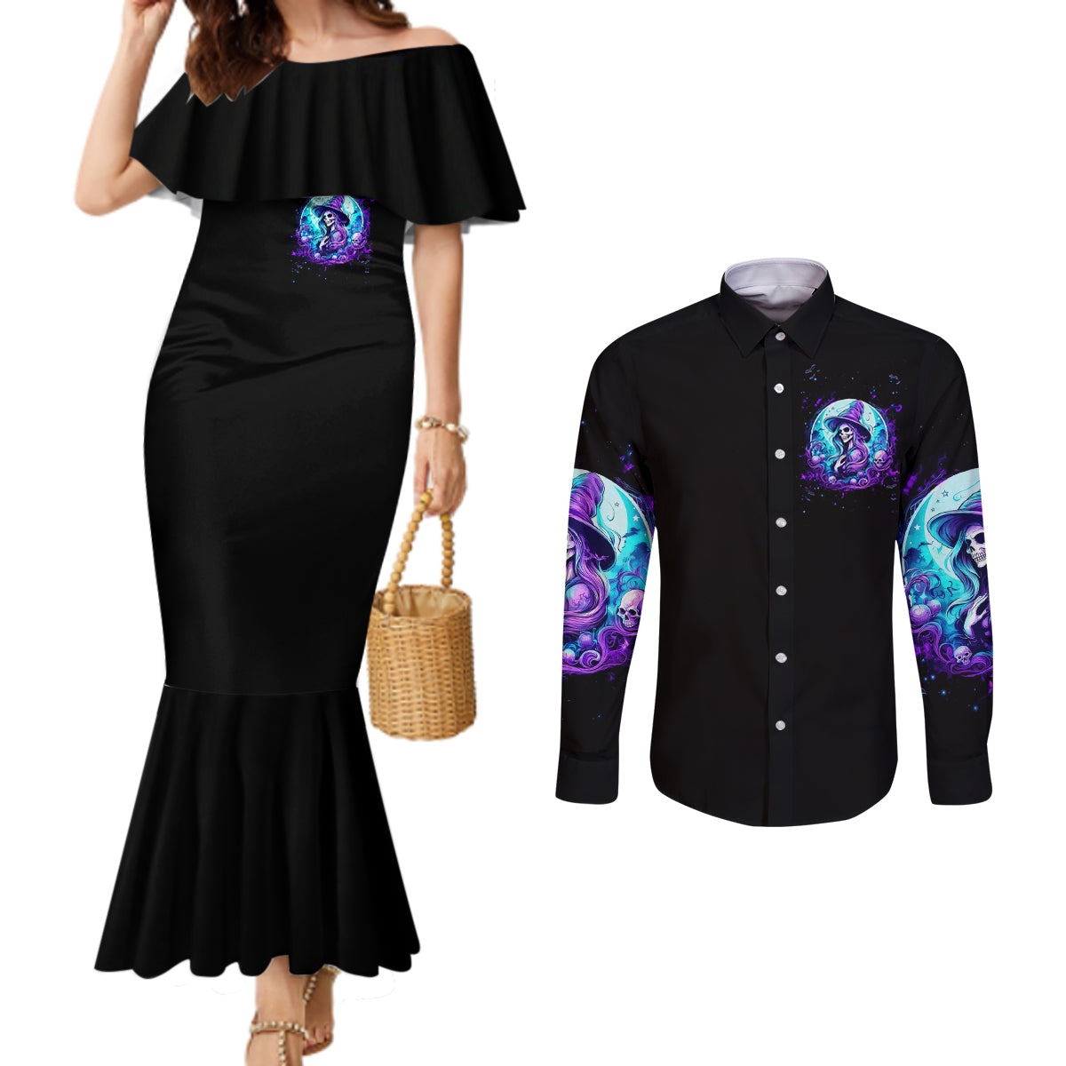 witch-skull-couples-matching-mermaid-dress-and-long-sleeve-button-shirts-my-mother-didnt-raise-a-princess-she-trained-a-witch