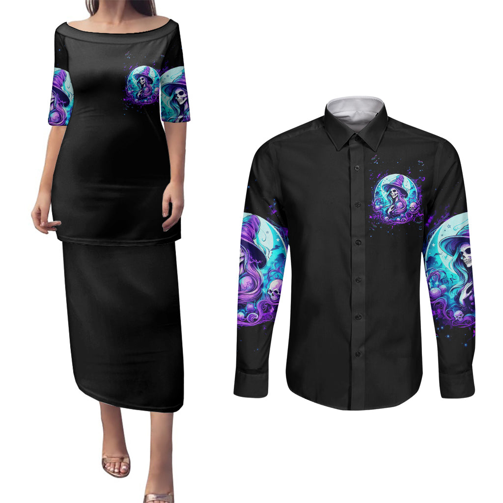 witch-skull-couples-matching-puletasi-dress-and-long-sleeve-button-shirts-my-mother-didnt-raise-a-princess-she-trained-a-witch