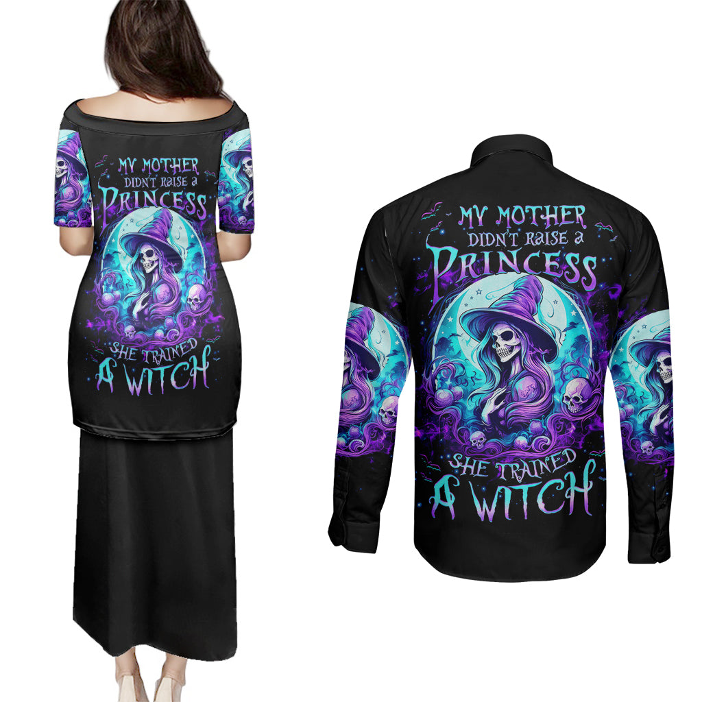 witch-skull-couples-matching-puletasi-dress-and-long-sleeve-button-shirts-my-mother-didnt-raise-a-princess-she-trained-a-witch
