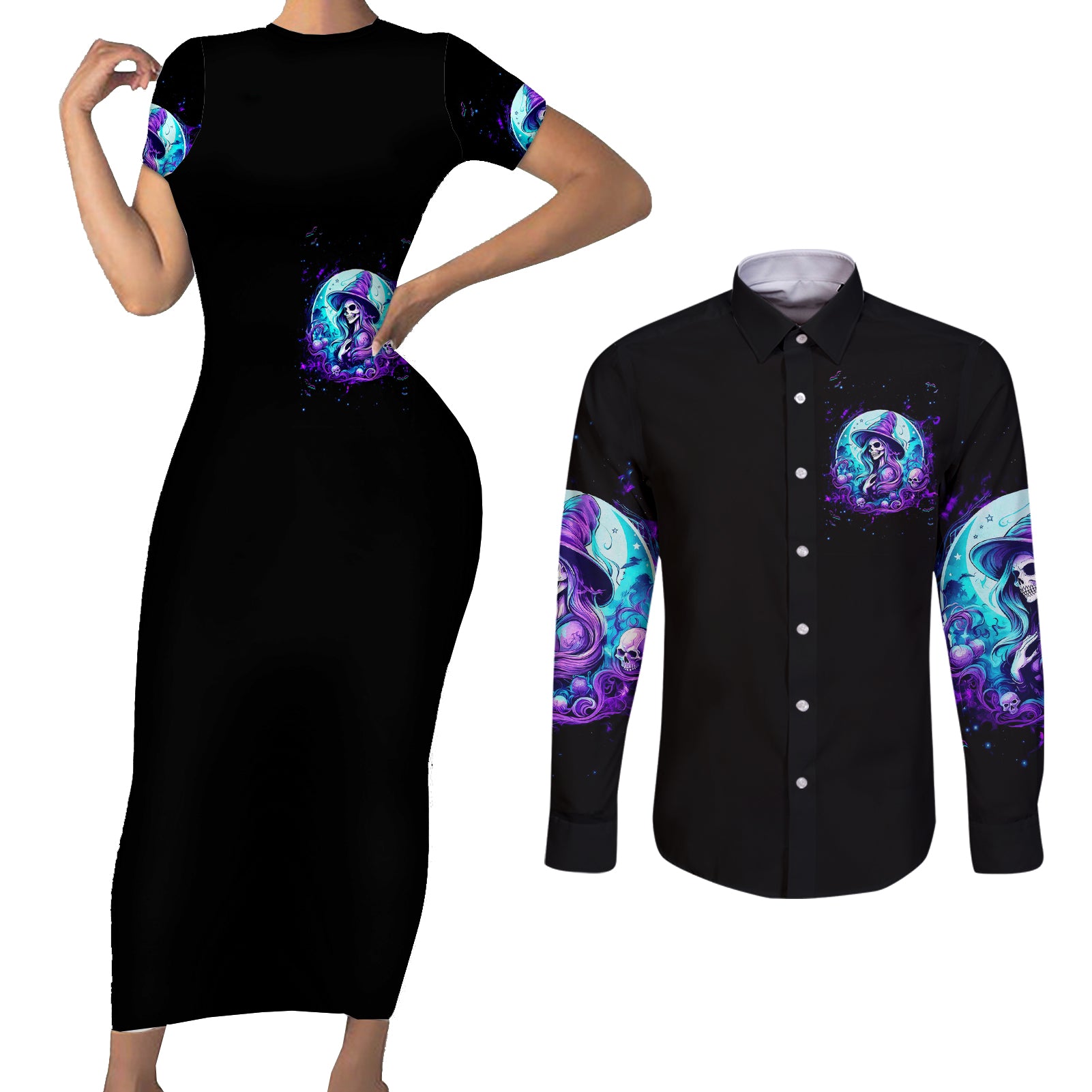 witch-skull-couples-matching-short-sleeve-bodycon-dress-and-long-sleeve-button-shirts-my-mother-didnt-raise-a-princess-she-trained-a-witch