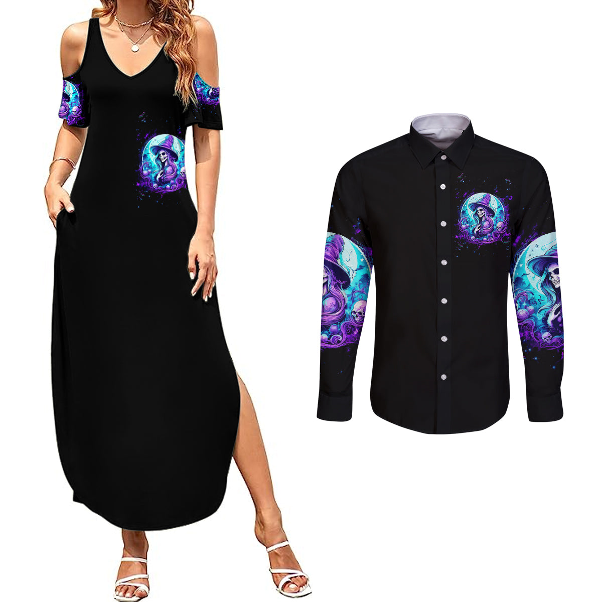 witch-skull-couples-matching-summer-maxi-dress-and-long-sleeve-button-shirts-my-mother-didnt-raise-a-princess-she-trained-a-witch