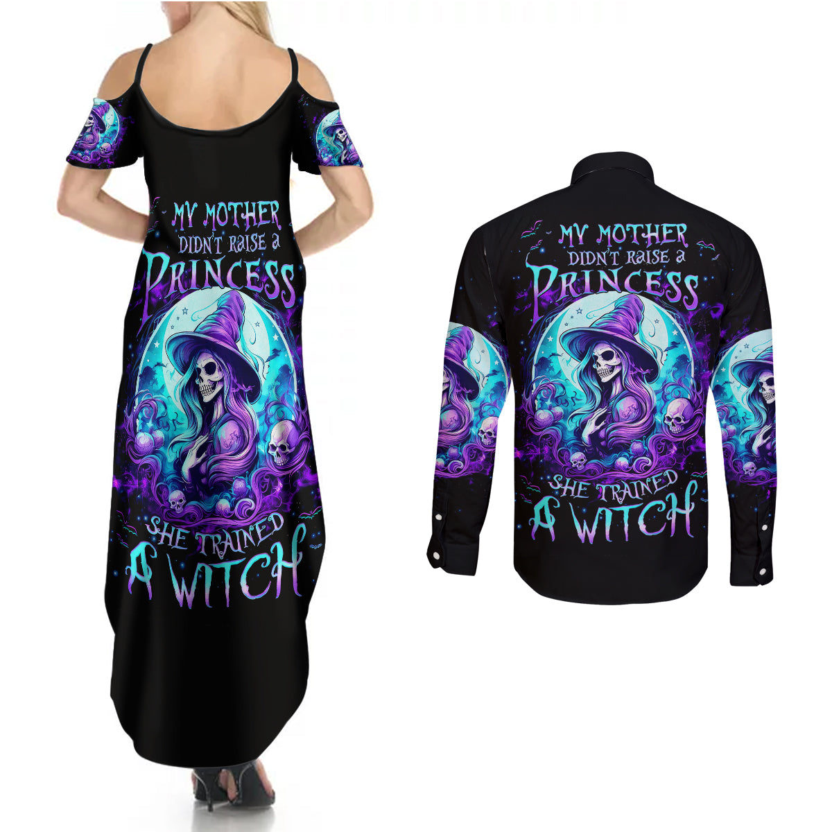 witch-skull-couples-matching-summer-maxi-dress-and-long-sleeve-button-shirts-my-mother-didnt-raise-a-princess-she-trained-a-witch