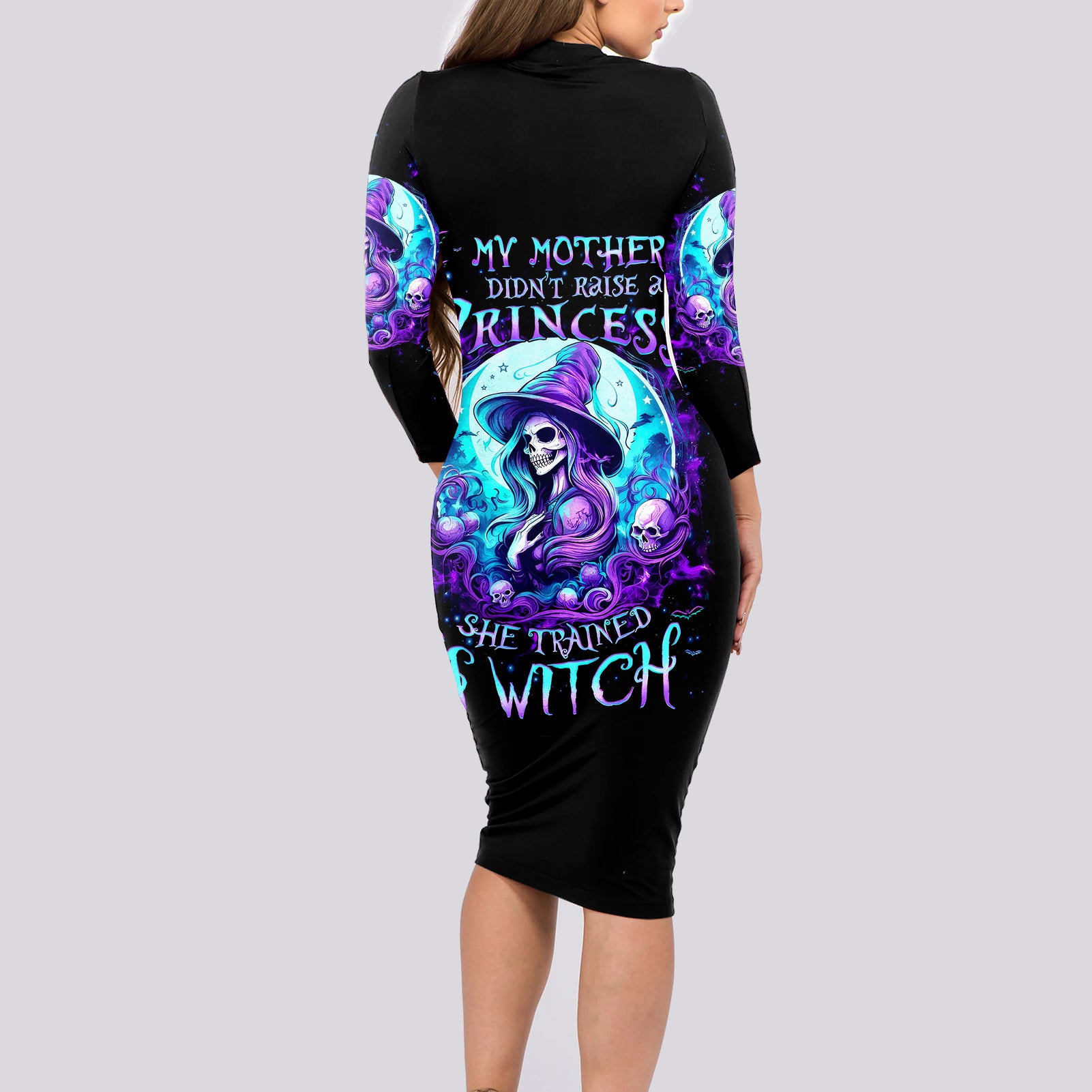 witch-skull-long-sleeve-bodycon-dress-my-mother-didnt-raise-a-princess-she-trained-a-witch