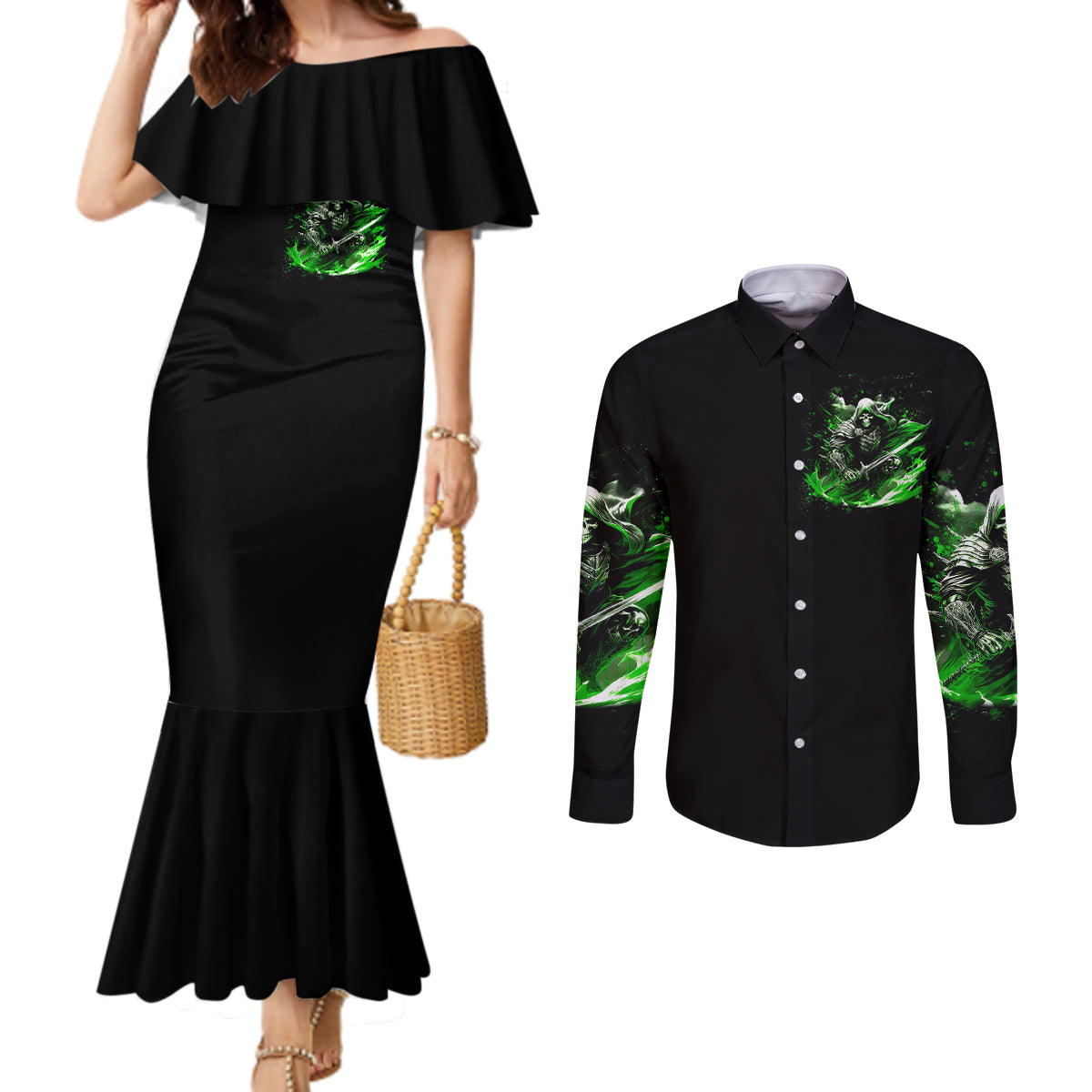 warrior-skull-couples-matching-mermaid-dress-and-long-sleeve-button-shirts-of-course-im-going-to-hell-just-pick-you-up