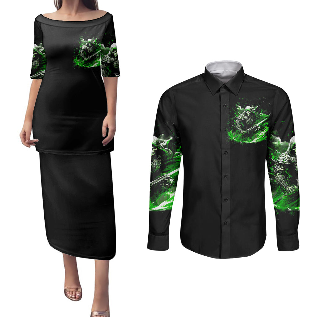 warrior-skull-couples-matching-puletasi-dress-and-long-sleeve-button-shirts-of-course-im-going-to-hell-just-pick-you-up