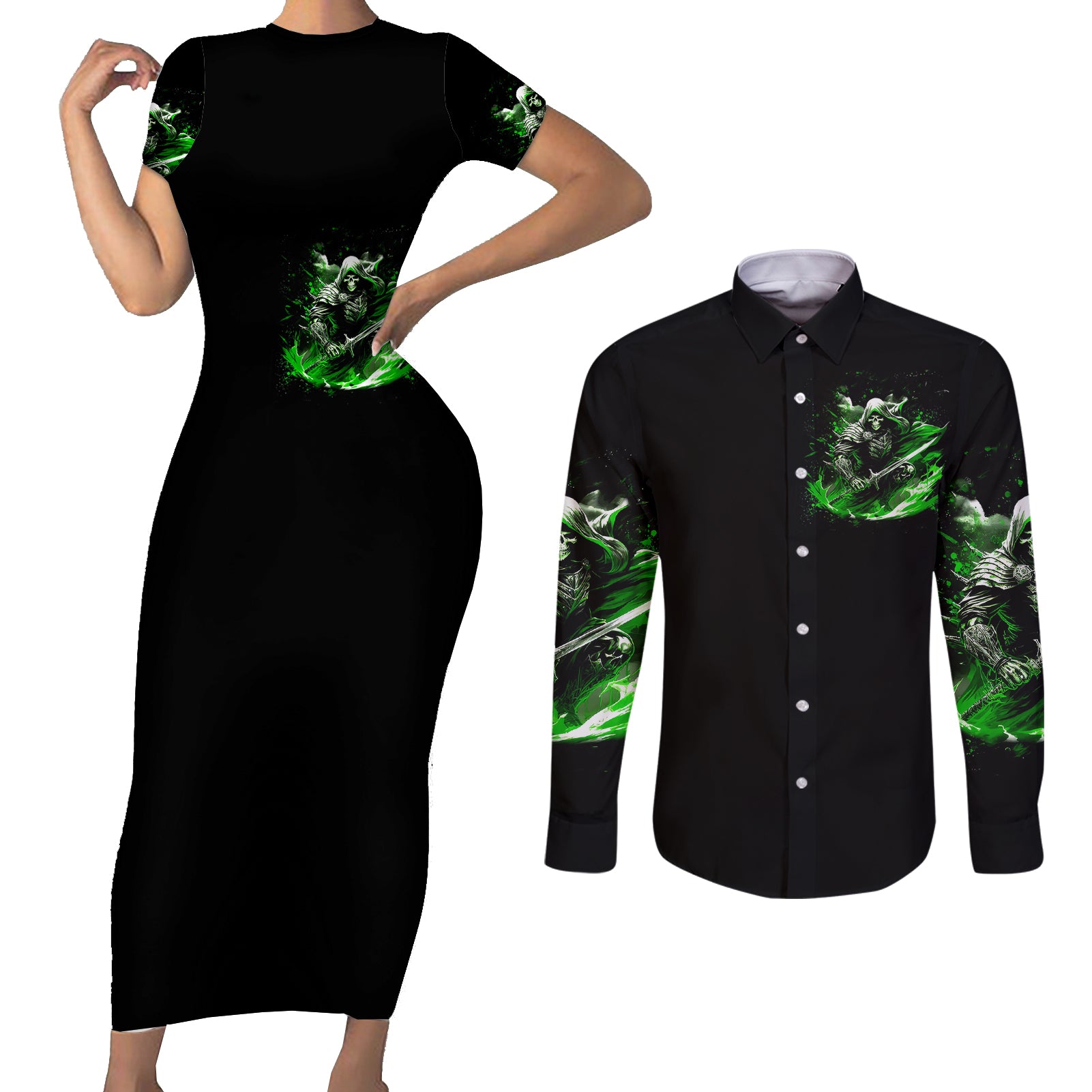 warrior-skull-couples-matching-short-sleeve-bodycon-dress-and-long-sleeve-button-shirts-of-course-im-going-to-hell-just-pick-you-up