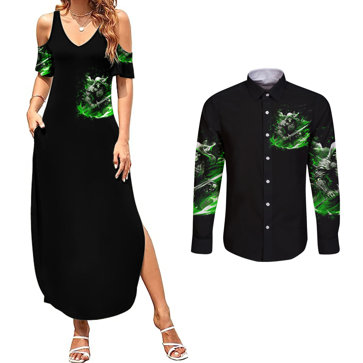 warrior-skull-couples-matching-summer-maxi-dress-and-long-sleeve-button-shirts-of-course-im-going-to-hell-just-pick-you-up