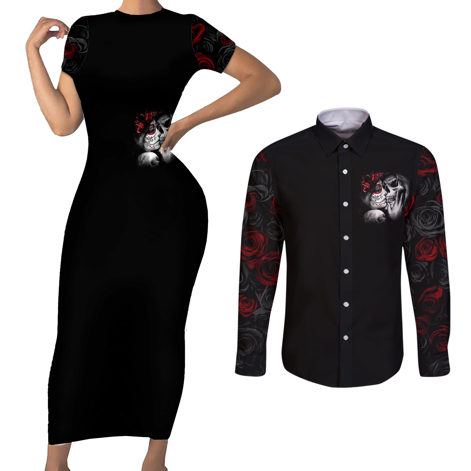 love-skull-couples-matching-short-sleeve-bodycon-dress-and-long-sleeve-button-shirts-once-upon-a-time-i-love-you-forever-and-always