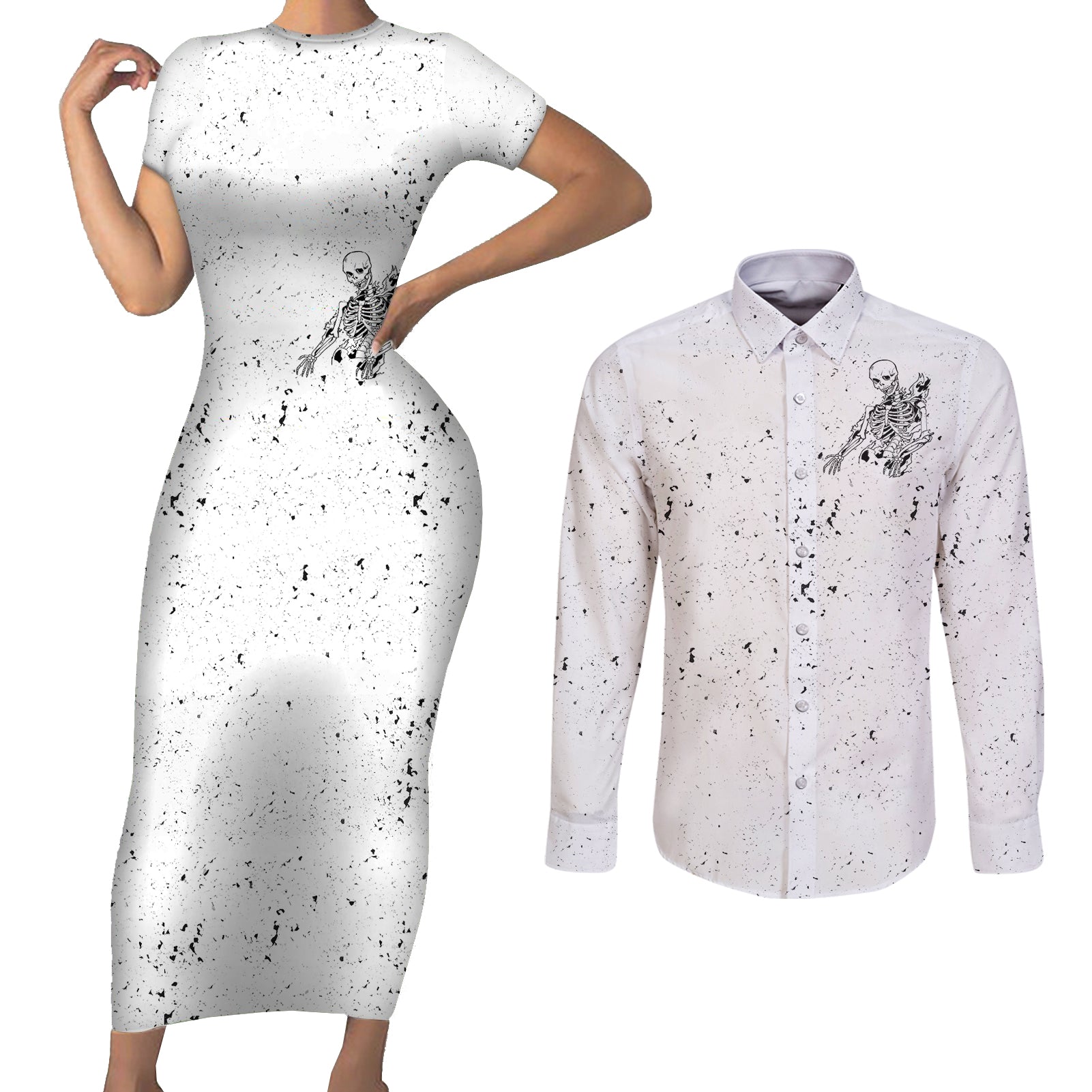 art-skull-couples-matching-short-sleeve-bodycon-dress-and-long-sleeve-button-shirts-rock-paper-scissors-throat-punch-i-win