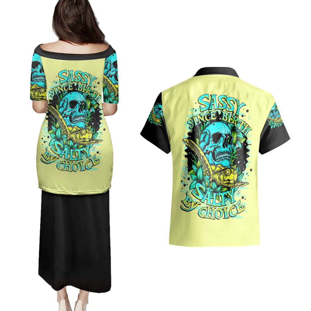 turtle-skull-couples-matching-puletasi-dress-and-hawaiian-shirt-sassy-since-birth-salty-by-choice