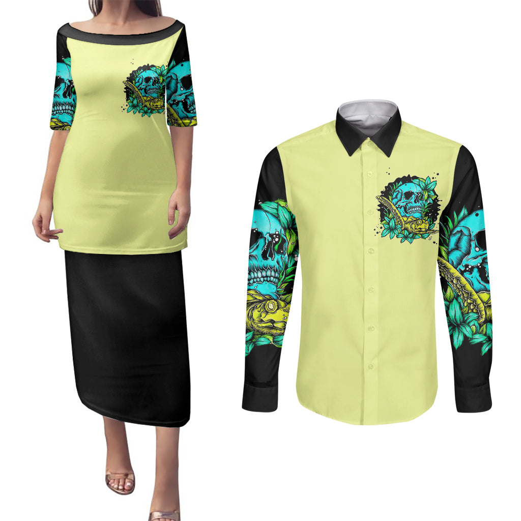 turtle-skull-couples-matching-puletasi-dress-and-long-sleeve-button-shirts-sassy-since-birth-salty-by-choice