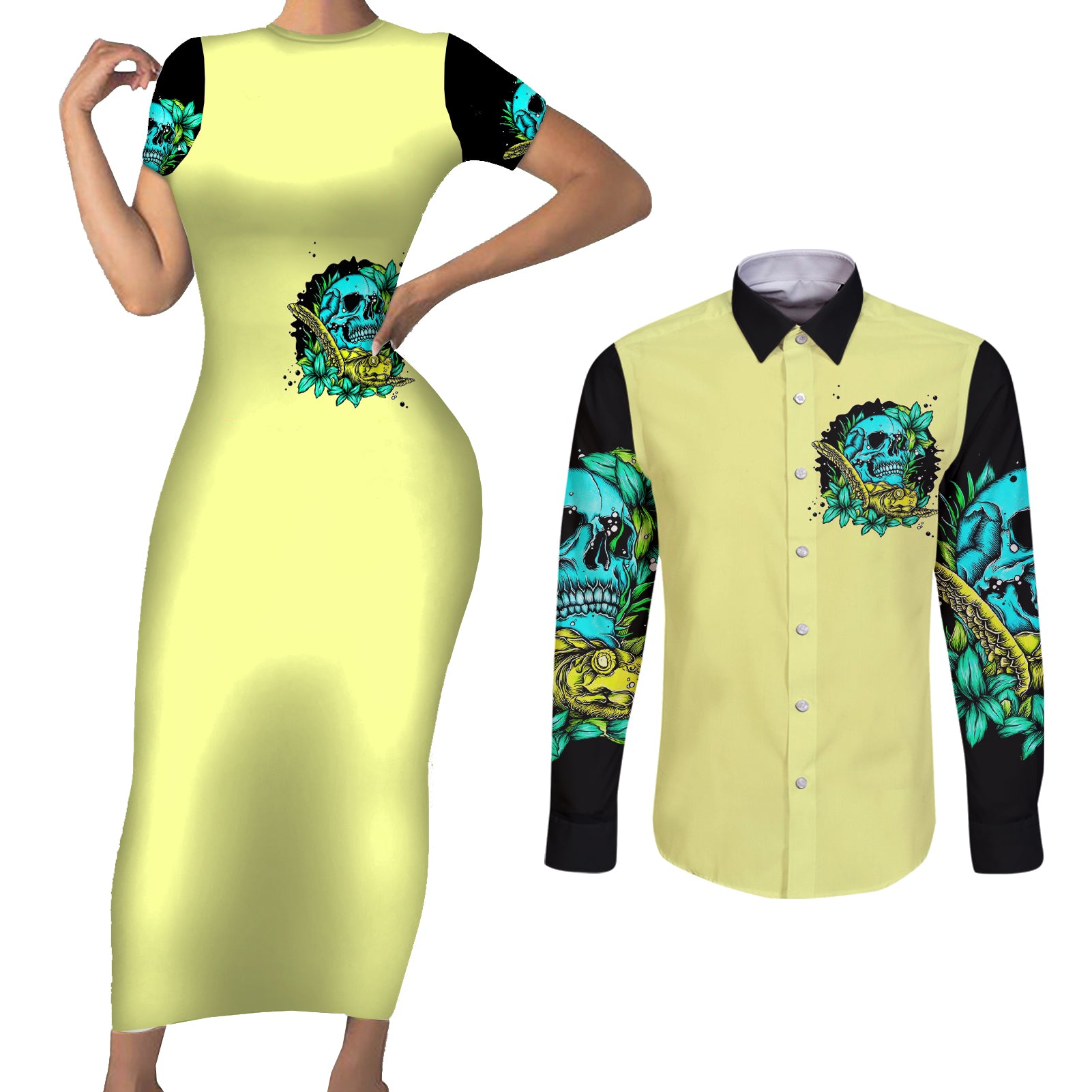 turtle-skull-couples-matching-short-sleeve-bodycon-dress-and-long-sleeve-button-shirts-sassy-since-birth-salty-by-choice