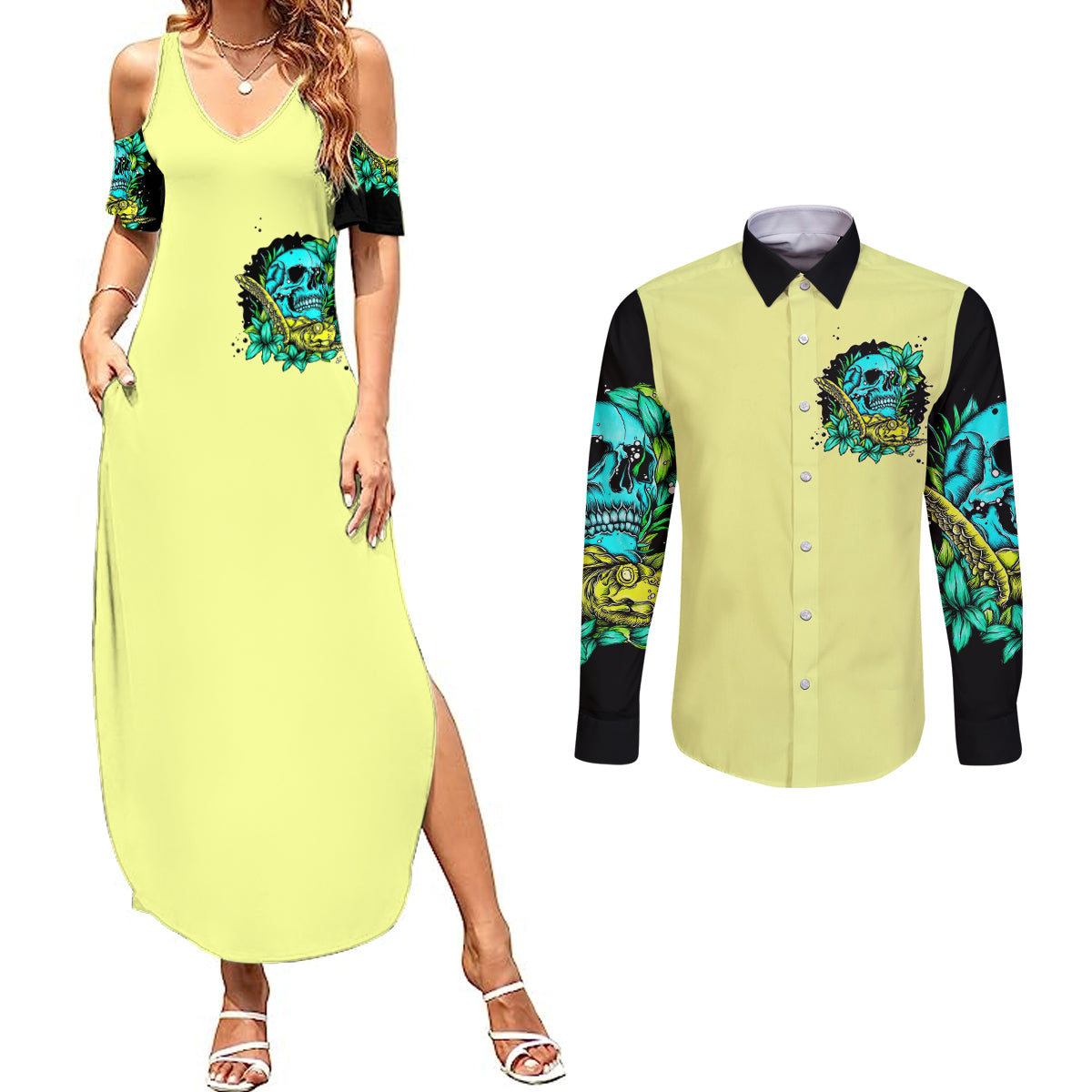 turtle-skull-couples-matching-summer-maxi-dress-and-long-sleeve-button-shirts-sassy-since-birth-salty-by-choice