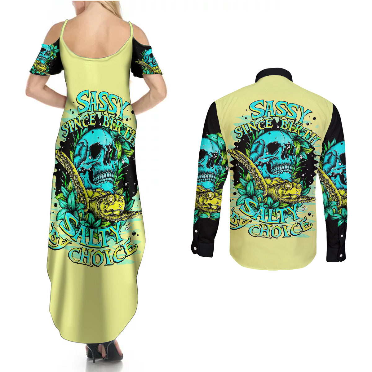 turtle-skull-couples-matching-summer-maxi-dress-and-long-sleeve-button-shirts-sassy-since-birth-salty-by-choice