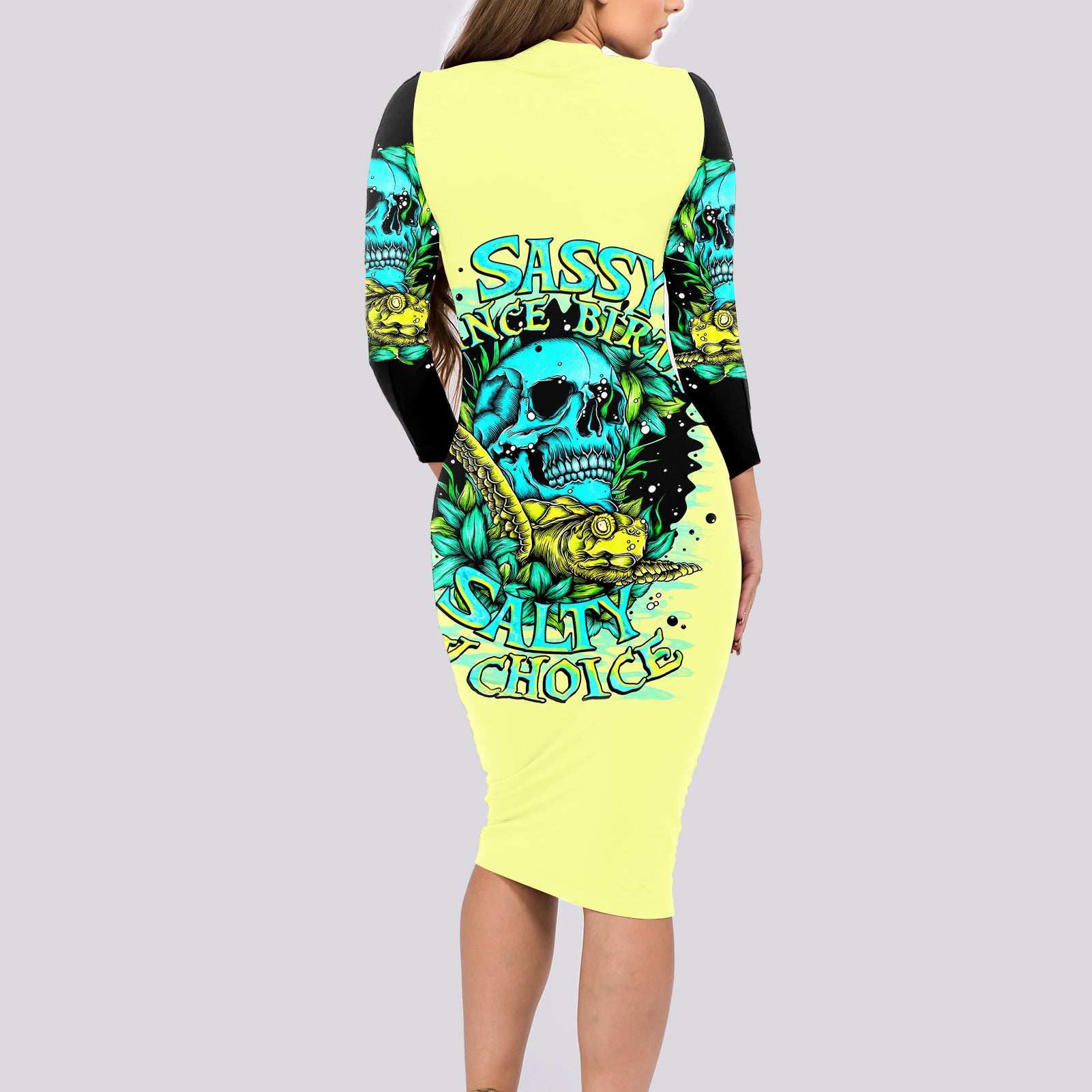turtle-skull-long-sleeve-bodycon-dress-sassy-since-birth-salty-by-choice