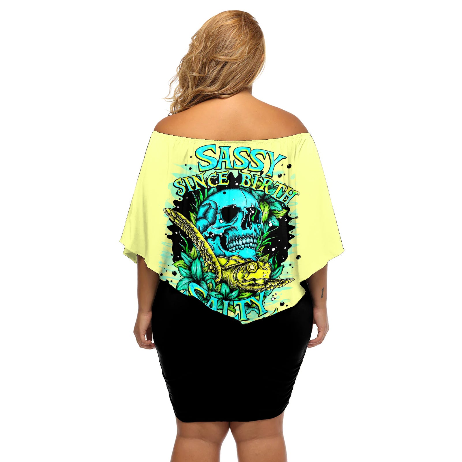 turtle-skull-off-shoulder-short-dress-sassy-since-birth-salty-by-choice