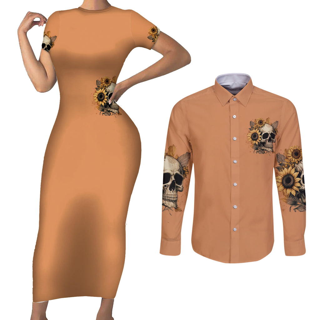 sunflower-skull-couples-matching-short-sleeve-bodycon-dress-and-long-sleeve-button-shirts-she-is-sunshine-mixed-with-a-little-hurricance