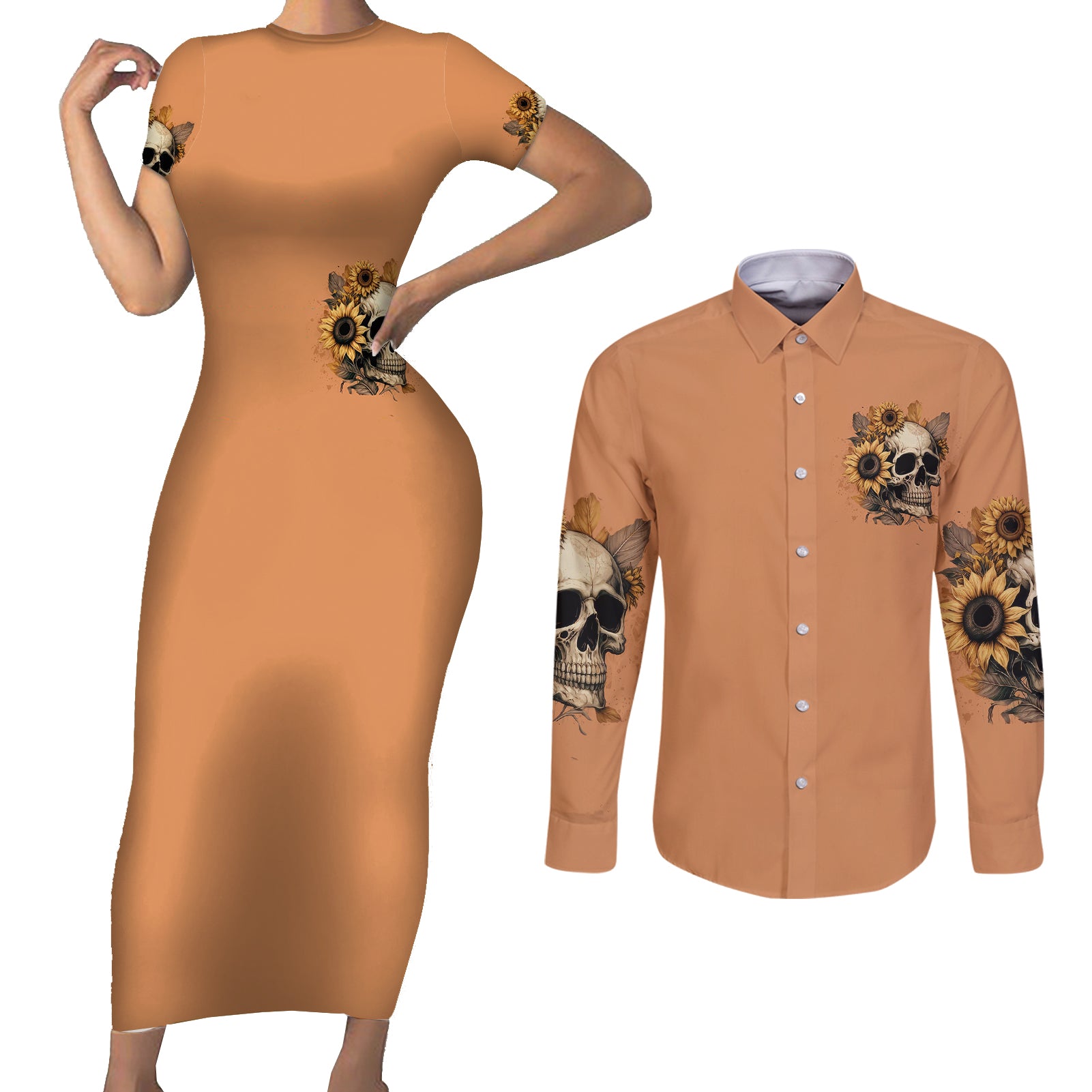 sunflower-skull-couples-matching-short-sleeve-bodycon-dress-and-long-sleeve-button-shirts-she-is-sunshine-mixed-with-a-little-hurricance