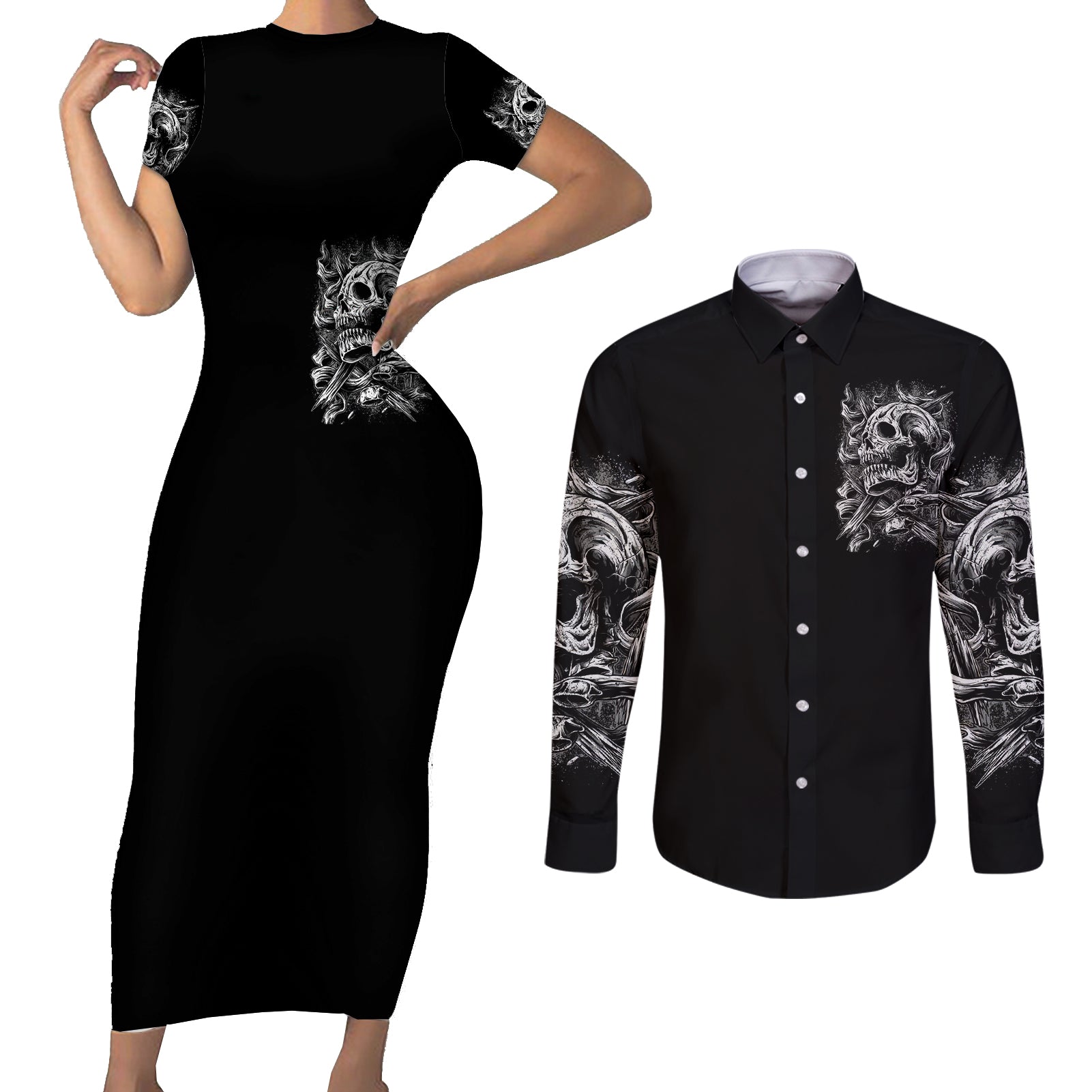 three-skull-couples-matching-short-sleeve-bodycon-dress-and-long-sleeve-button-shirts-stuck-between-idk-idc-and-idgaf