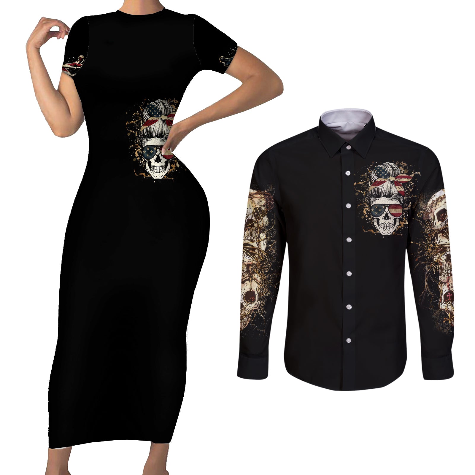 wire-skull-couples-matching-short-sleeve-bodycon-dress-and-long-sleeve-button-shirts-stuck-between-idk-idc-and-idgaf