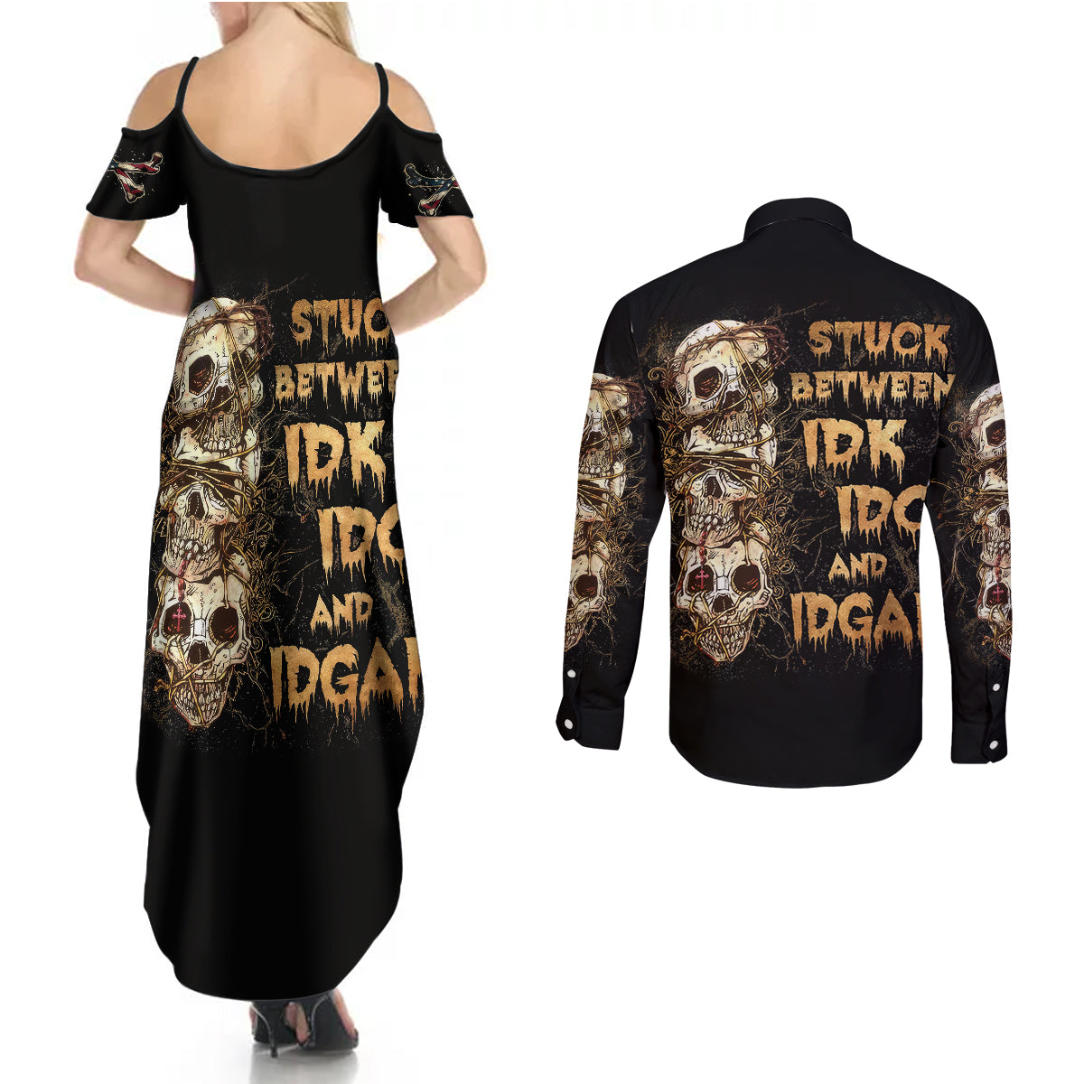 wire-skull-couples-matching-summer-maxi-dress-and-long-sleeve-button-shirts-stuck-between-idk-idc-and-idgaf