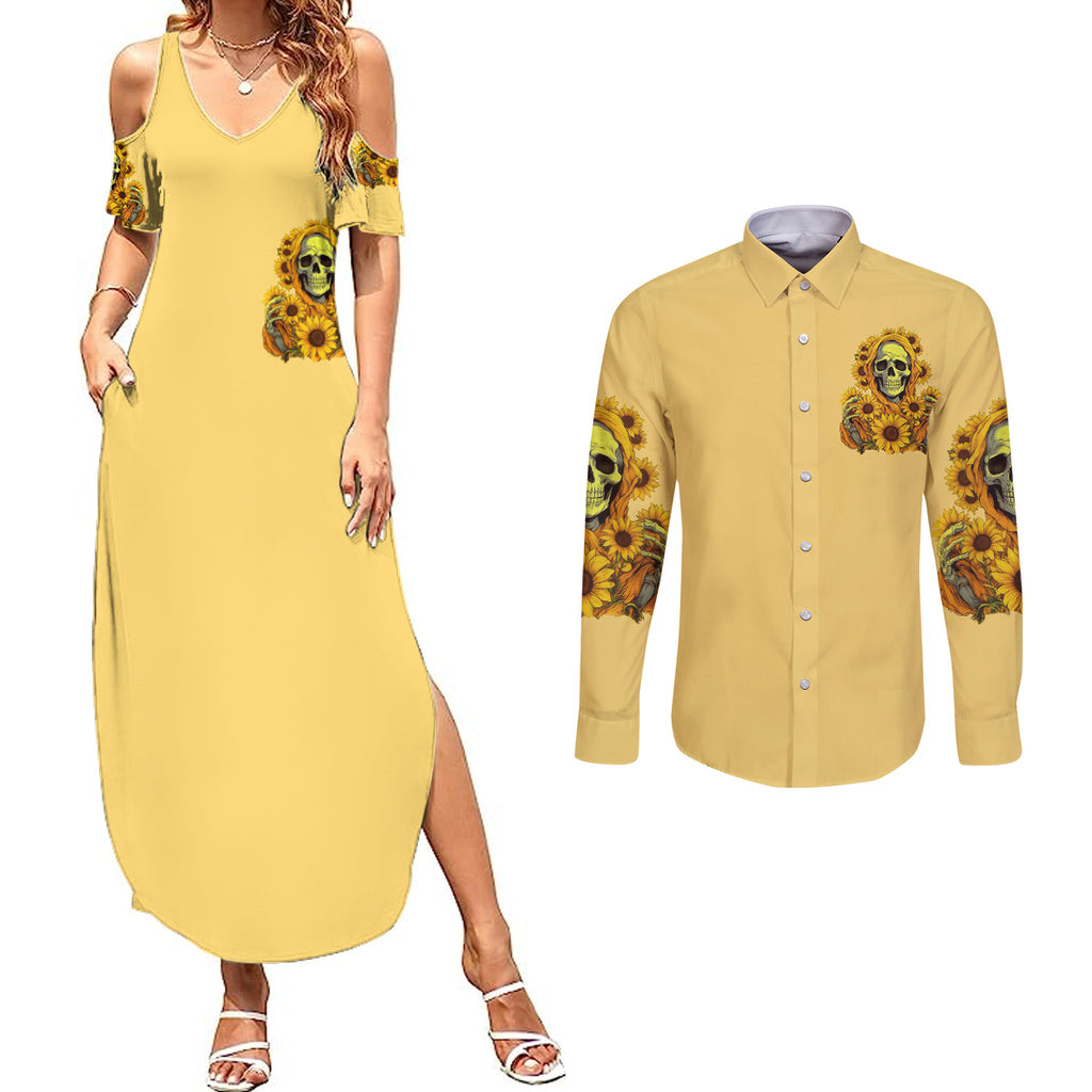 sunflower-skull-couples-matching-summer-maxi-dress-and-long-sleeve-button-shirts-im-blunt-because-god-rolled-me-that-way