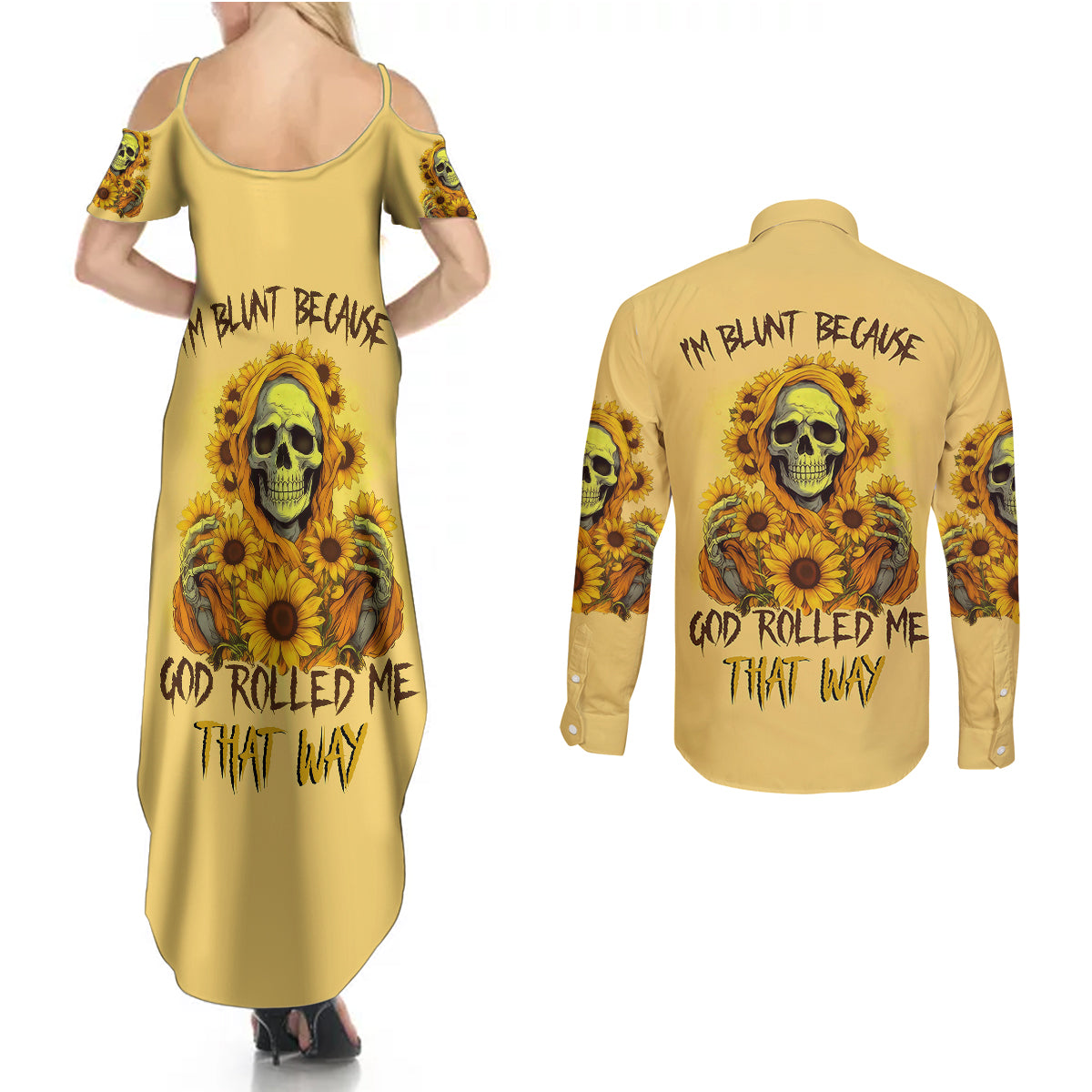 sunflower-skull-couples-matching-summer-maxi-dress-and-long-sleeve-button-shirts-im-blunt-because-god-rolled-me-that-way