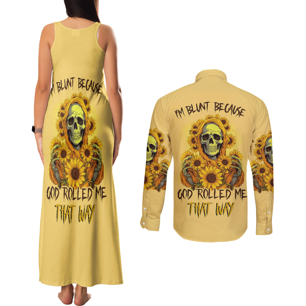 sunflower-skull-couples-matching-tank-maxi-dress-and-long-sleeve-button-shirts-im-blunt-because-god-rolled-me-that-way