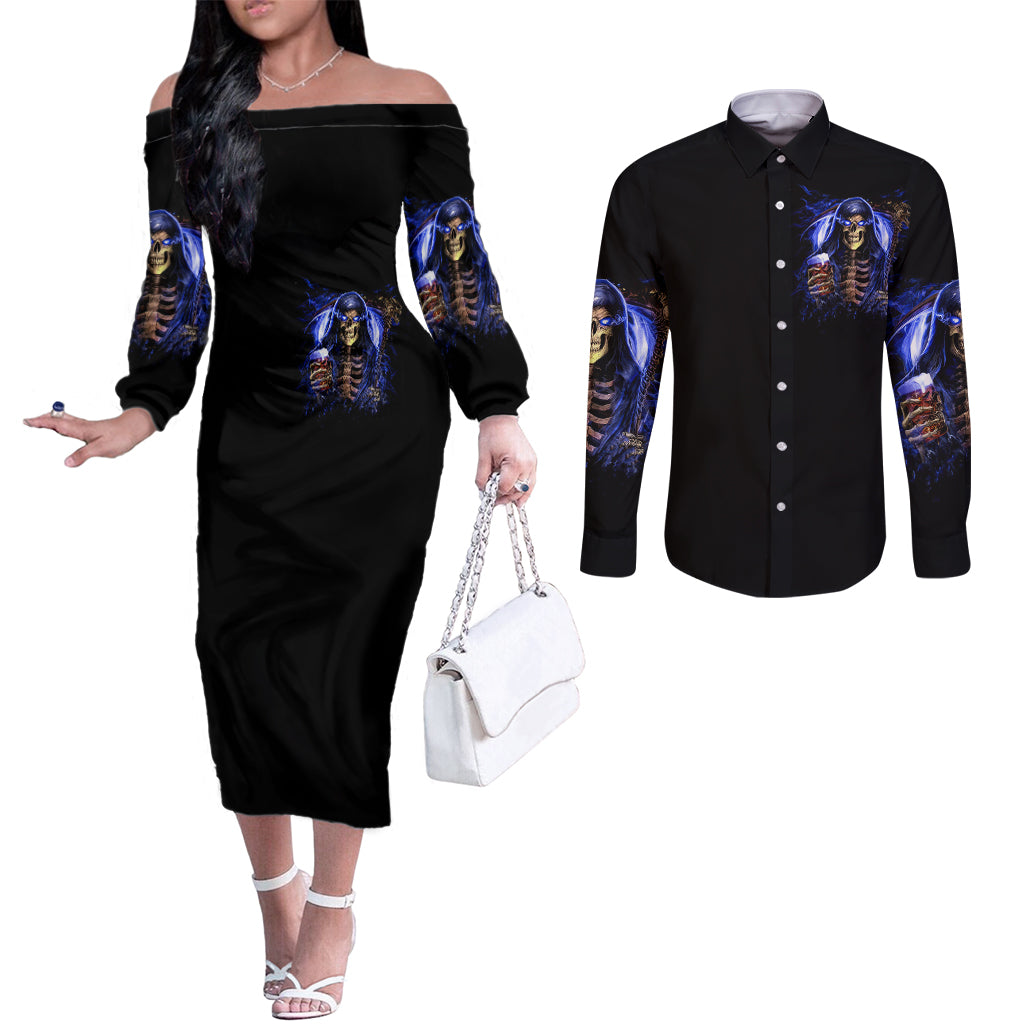 skull-reaper-couples-matching-off-the-shoulder-long-sleeve-dress-and-long-sleeve-button-shirts-the-devil-whispered-to-me-i-whisper-back-bring-beer