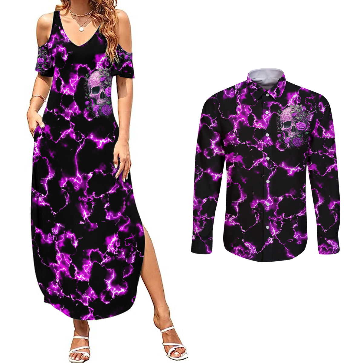 rose-skull-couples-matching-summer-maxi-dress-and-long-sleeve-button-shirts-she-whispered-back-i-am-the-storm